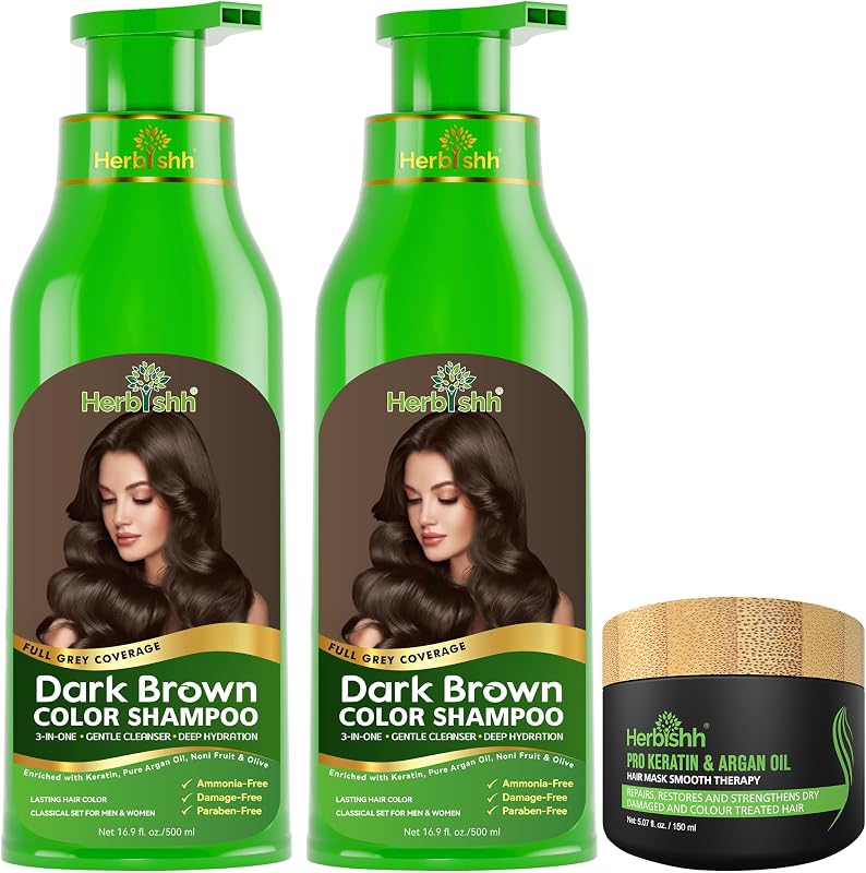 Combo Pack - Herbishh Dark Brown Hair Dye Shampoo + Argan Intense Hair Mask - Stimulates Dry, Frizzy Hair - Long-lasting Color in Minutes - 500ml | 3 in 1 Semi Permanent Dye for Women & Men, Colors Hair in 20-25 Mins, Argan Mask for Nourished Frizz-free & Shiny Hair