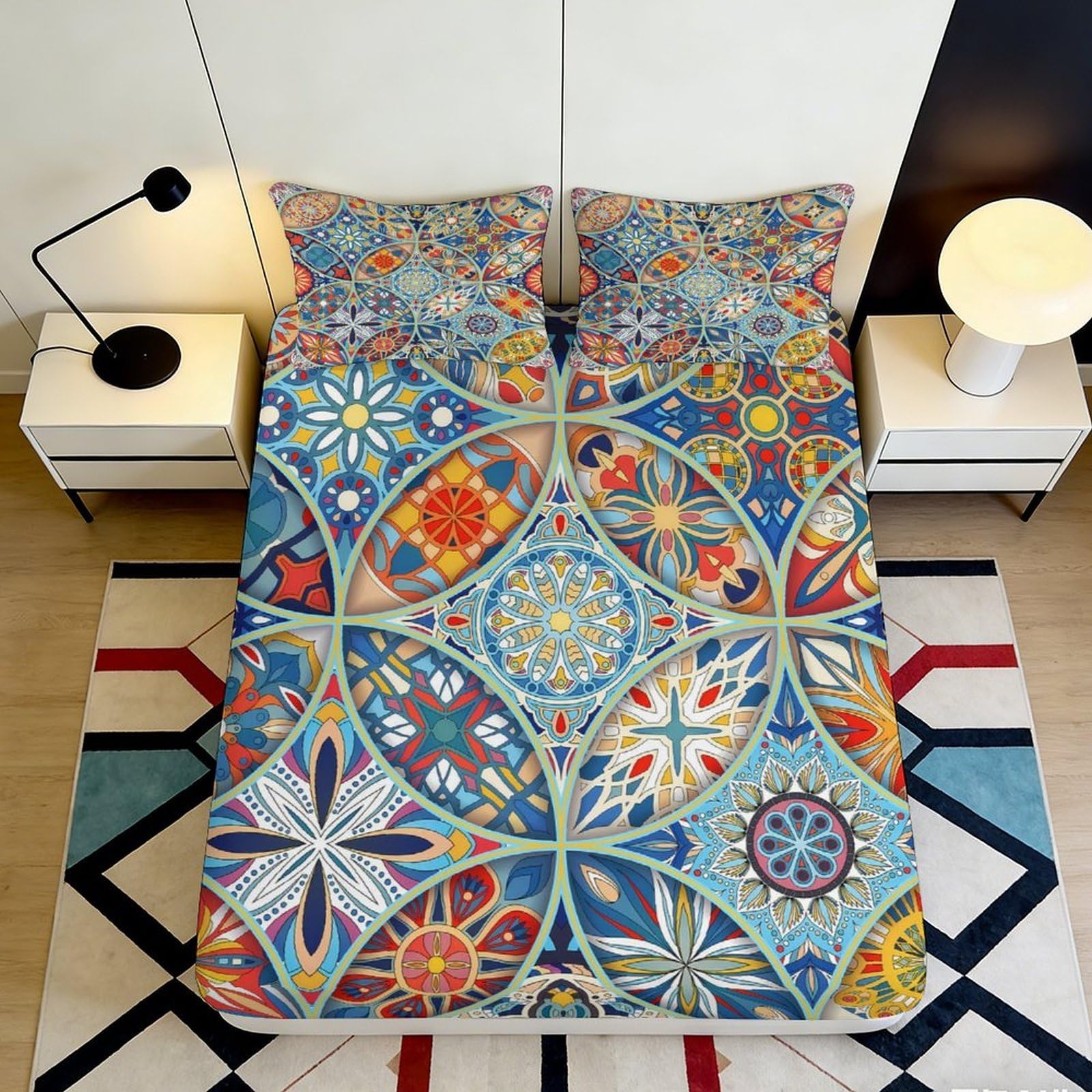 3D Printed Mosaic Pattern Fitted Sheet Microfiber Soft Colorful Mandala Bed Cover for Bedroom Guest Room Mattress Protection 160x200x25cm