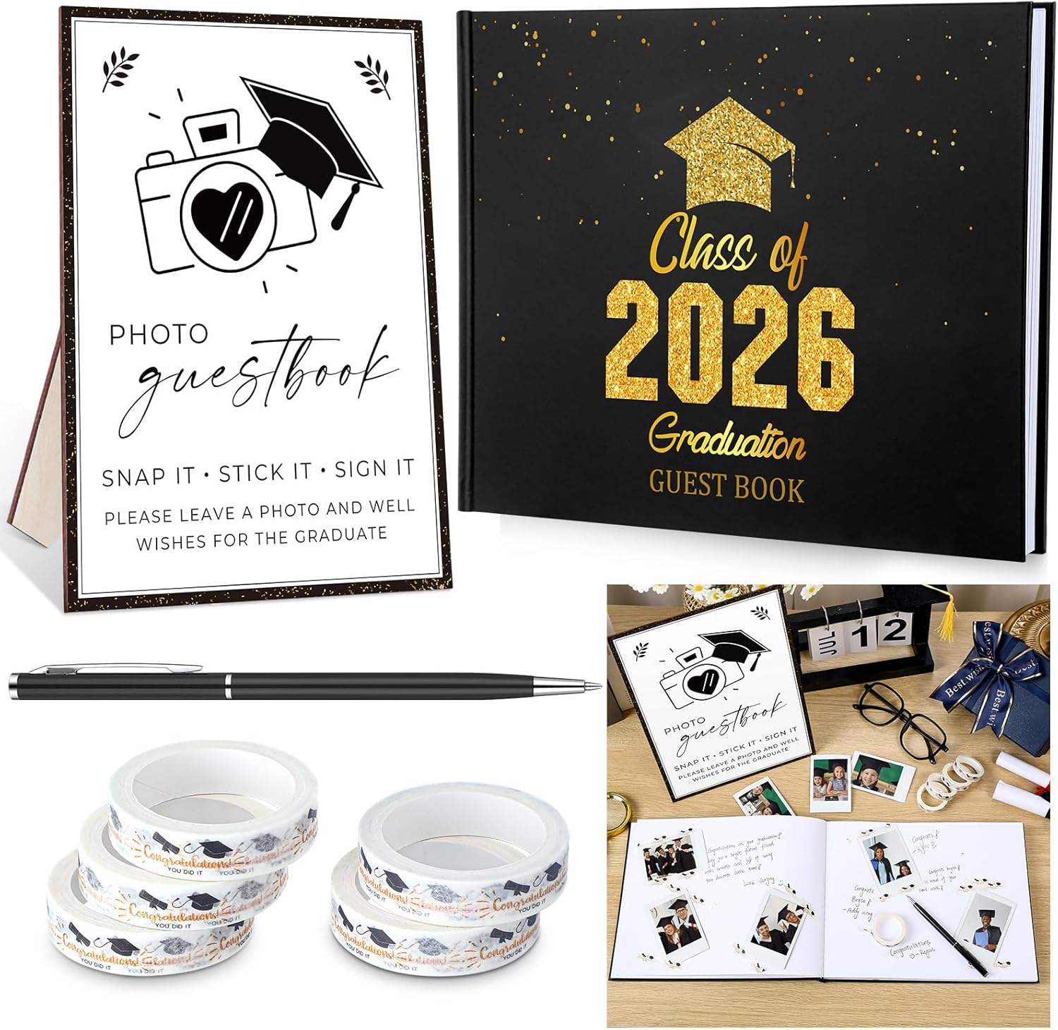 Engrowtic 2026 Graduation Guest Book with Photo Sign Decorations Guest Book Sign 100 Pages Class of 2026 Scrapbook Album DIY Tape Signature Pen for Grad Party(Flower)