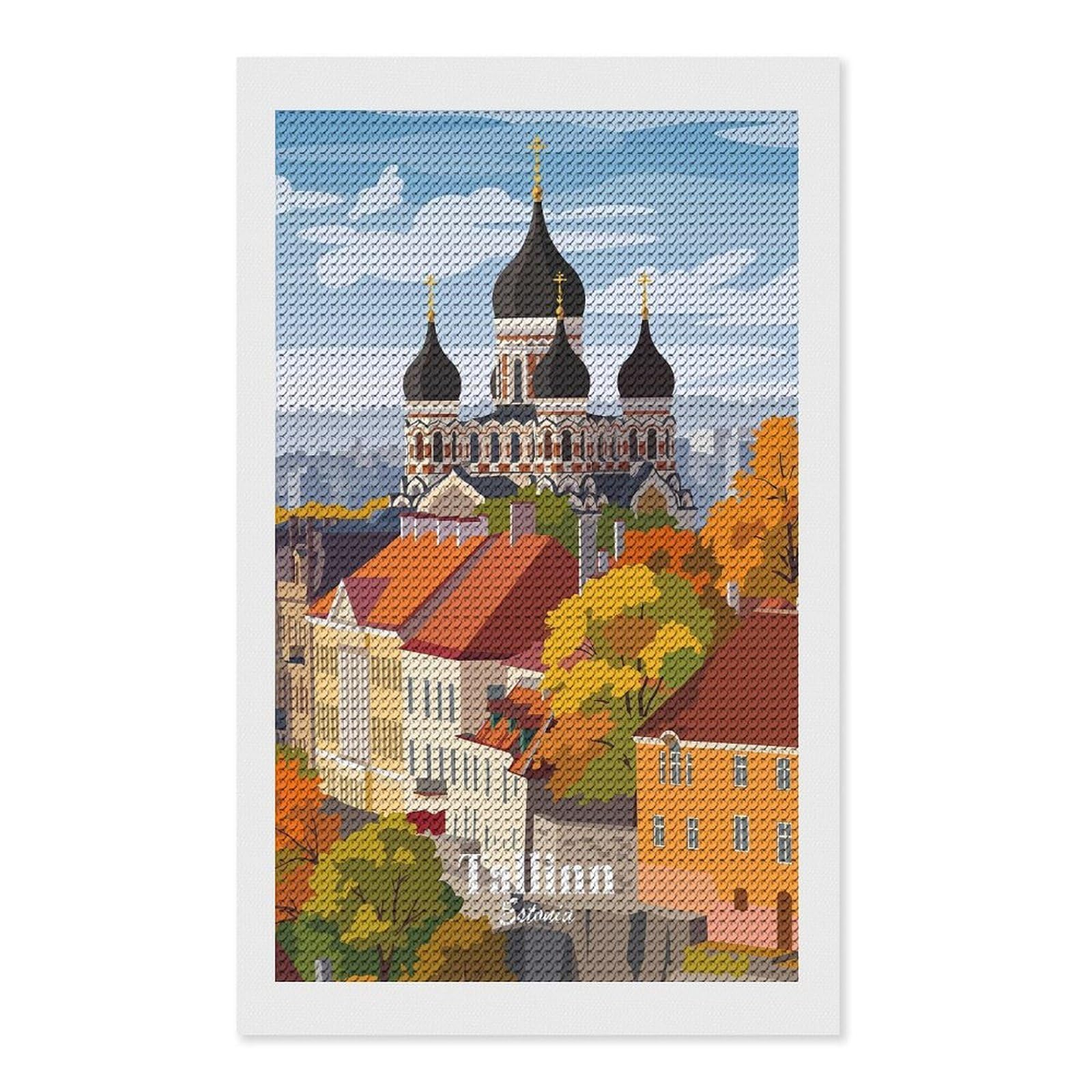 Junmoney Tallinn Estonia Full Drill Diamond Painting Kit 12"x20", Adhesive Canvas, Aesthetic Room Decor, for Family Craft Time, Birthday Gift
