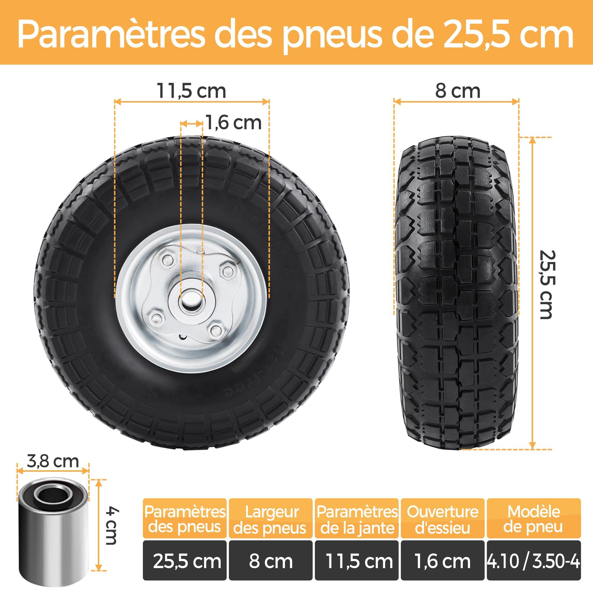 Abician Roues de Brouette Roues Increvables avec Pneus Pleins Pour Diable Chariot de Jardin Jante Diamètre 255 mm Noir 4pcs
