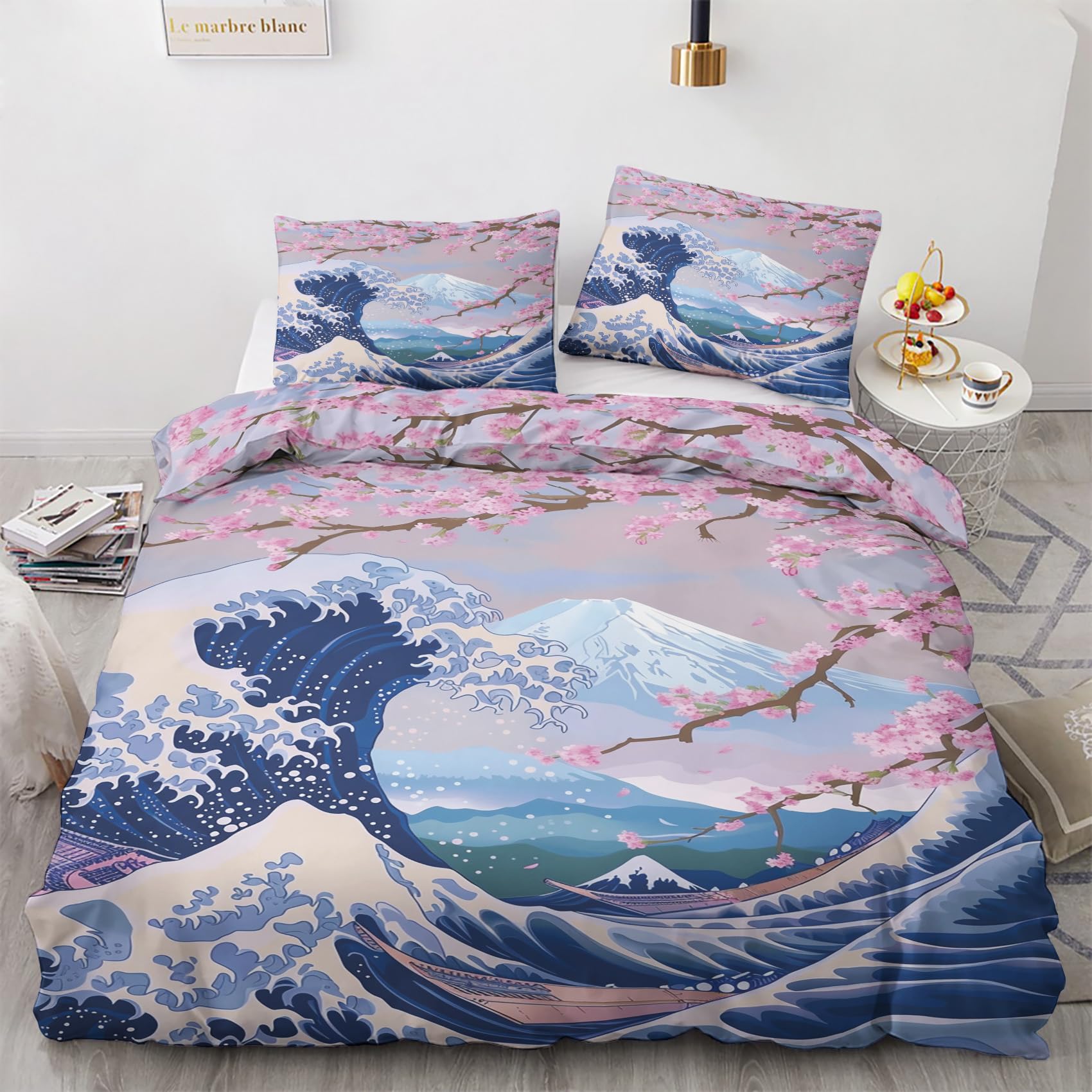 Vague Japonaise Housse de Couette 220x240 - Parure de Lit 2 Personne Adulte Fleur de Cerisier Kanagawa - Ensemble de Literie en Microfibre Douce avec Fermeture éclair, 2 Taies d'oreiller 65x65 cm