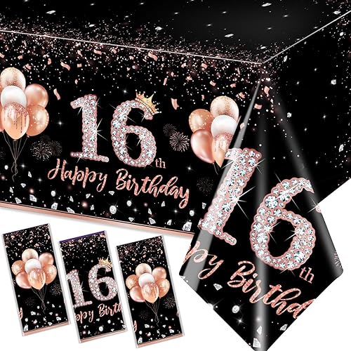 GREHUMOR 3 manteles de fiesta de cumpleaños de 16 años para niñas, color oro rosa, suministros de fiesta de cumpleaños de 16 años, cubierta de mesa