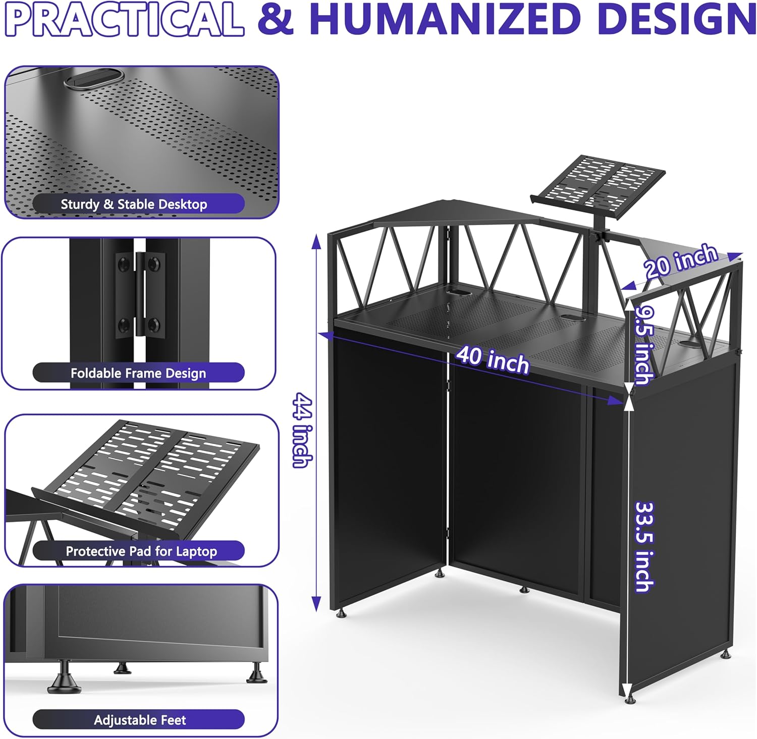 Foldable DJ Booth with Laptop Stand, DJ Table with Dual Corner Panels, Upgraded Metal Frame DJ Facade with Heavy-Duty Reinforced Desktop, DJ Stand for Parties, Black & White Scrims, Carry Bag
