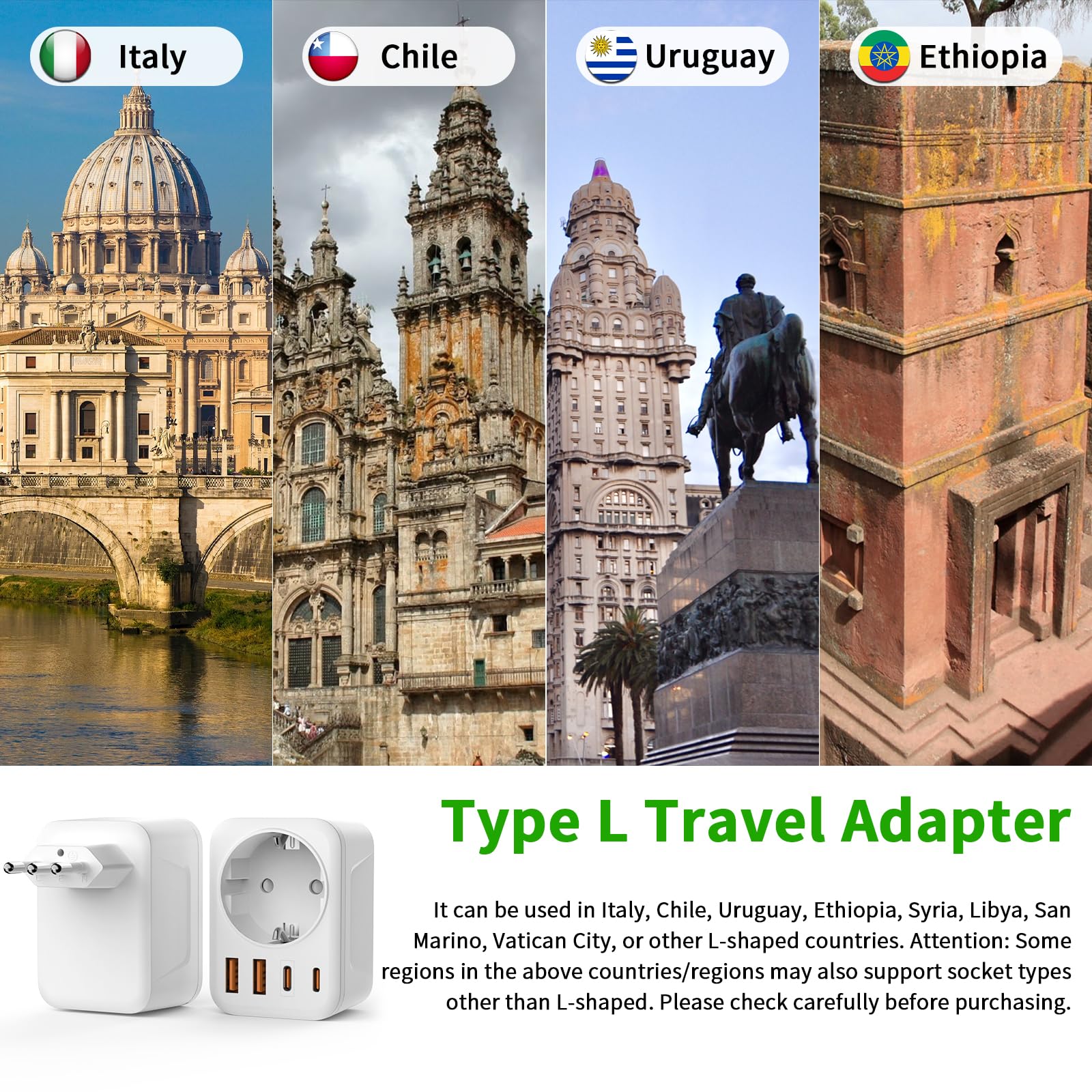 5 en 1 Adaptateur Prise Italienne vers France, Adaptateur Prise Italienne, 2 USB C, 2 USB A, Europe FR 2 Broches vers US 3 Broches, pour Italie, Chili, Maldives, Saint-Marin, Vatican,Type L