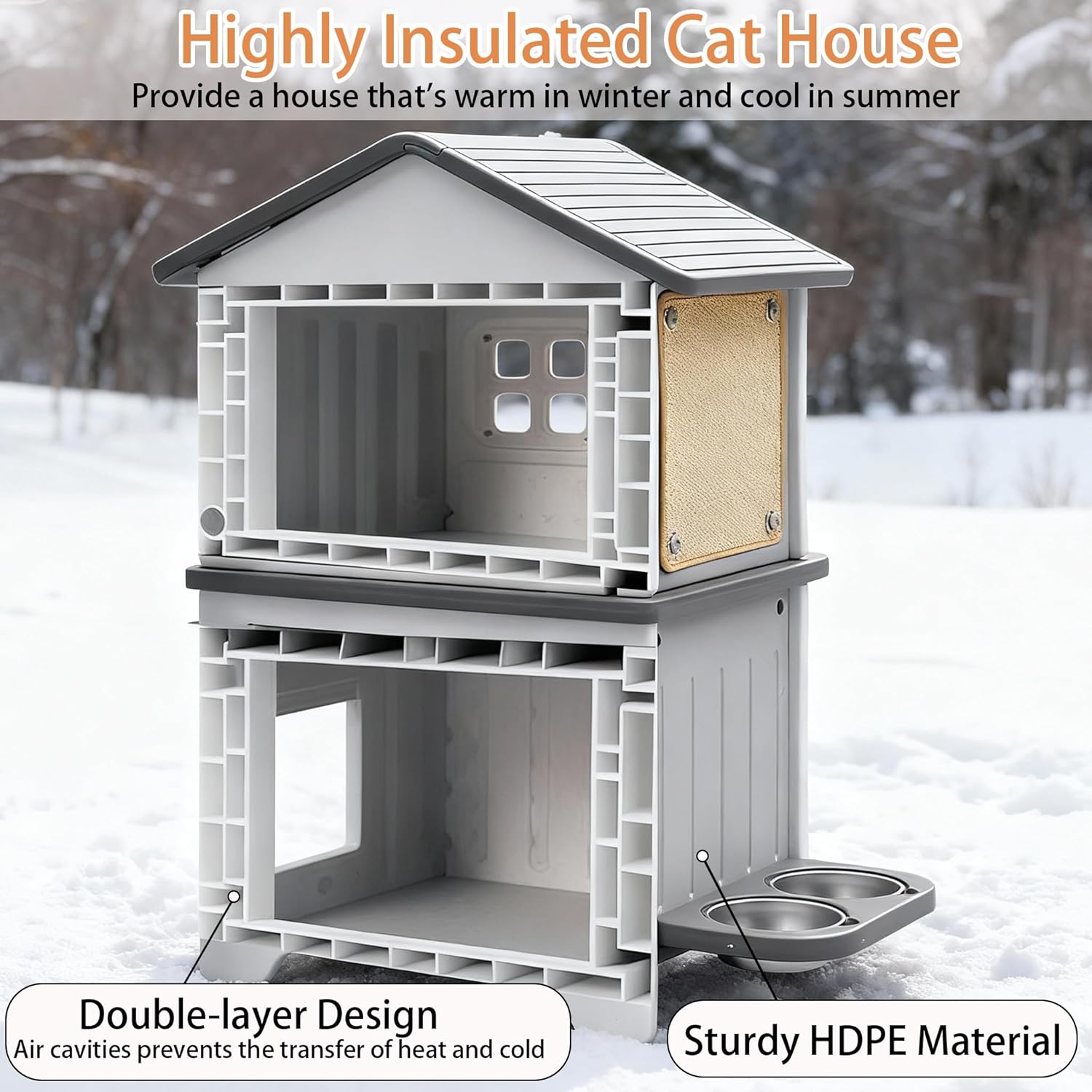 Rockever Outdoor Cat House, 2-Story Waterproof Cat House for Outdoor Cats with Escape Door, Elevated Feral Cat House Indoor, Sturdy Stainless Steel Bowl & Scratching Post, Clean Easily(Grey)