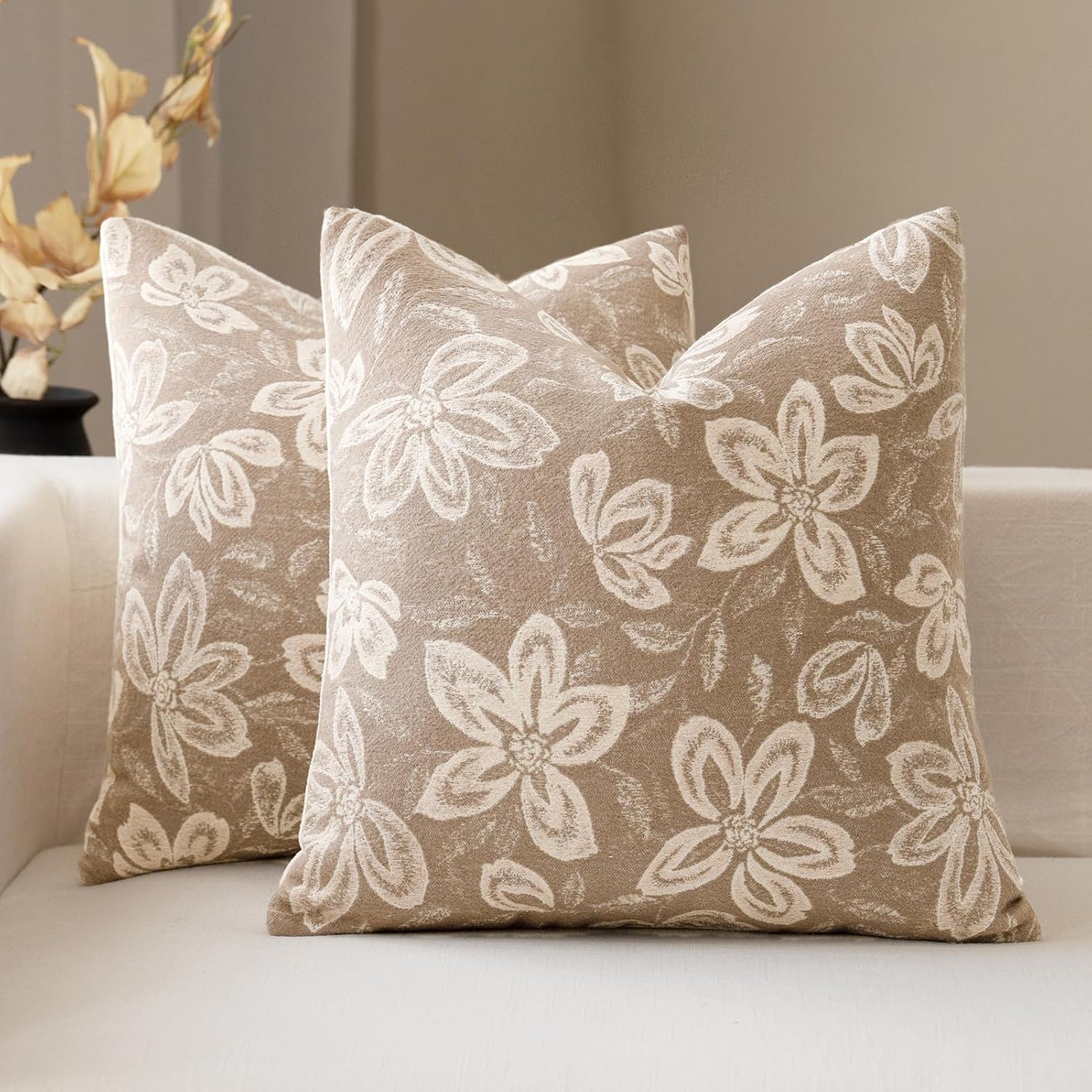 FIOUOVO Floral Throw Pillow Covers 20x20 Set of 2 Farmhouse Pillow Covers Vintage Neutral Accent Pillowcases Decorative Cushion Covers for Sofa Couch Living Room Bedroom Home Decor, Neutral