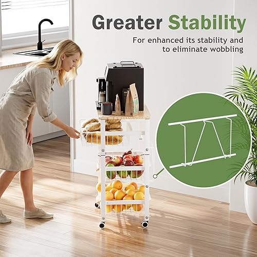 Miniatura 5 de JAQ Cesta deslizante para frutas y verduras para cocina, carrito de almacenamiento con ruedas de 4 niveles con mango de madera y parte superior,