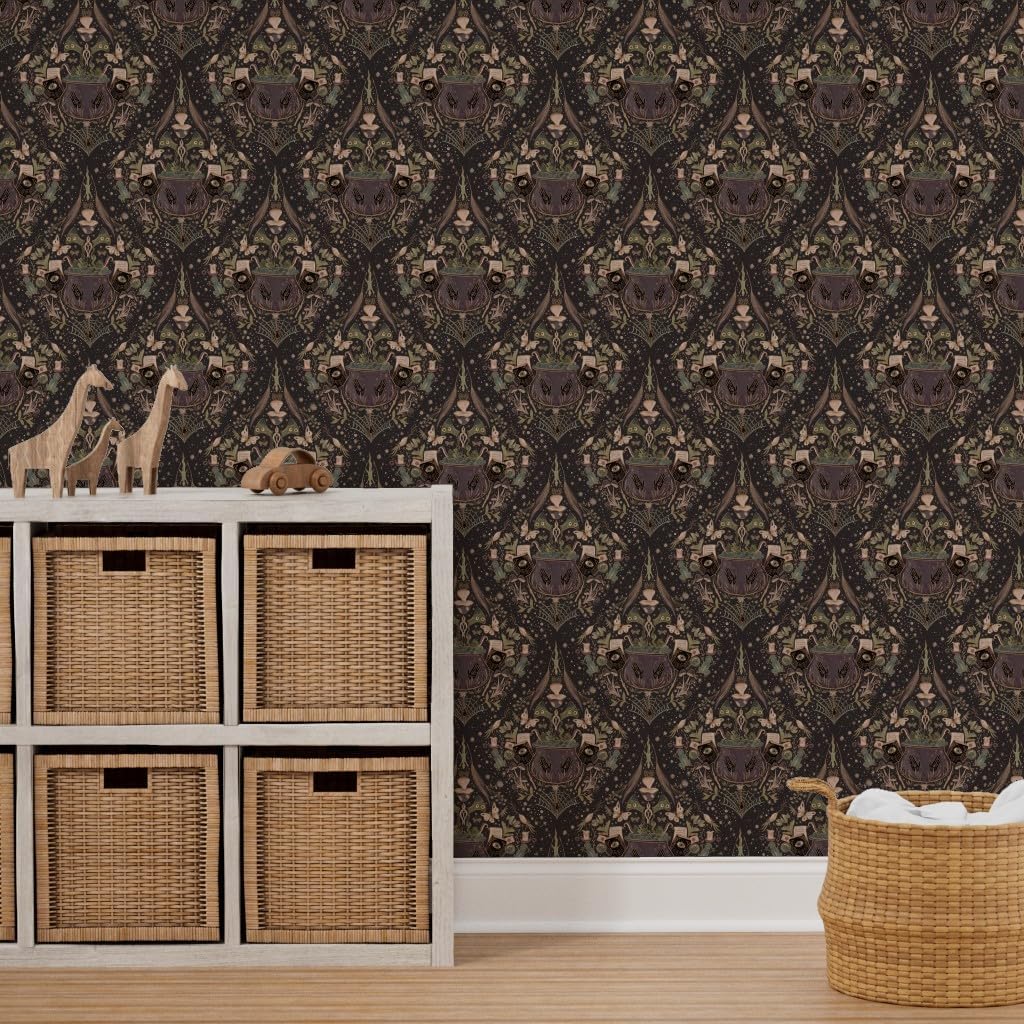 Spoonflower Peel & Stick Wallpaper 6ft x 2ft - Whimsical Halloween Witchy Goth Haunted Spooky Whimsigoth Dark Magic Mushrooms Spell Book Witches Custom Removable Wallpaper