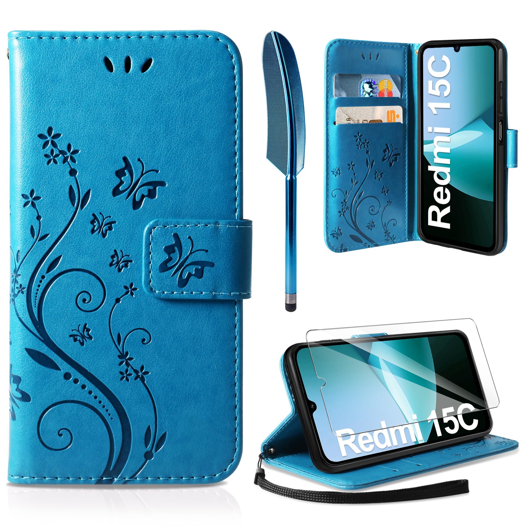 AROYI Lederhülle Kompatibel mit Xiaomi Redmi 15C 5G/4G Hülle und Schutzfolie, Flip Wallet Handyhülle PU Leder Case Schutzhülle Kompatibel mit Xiaomi Redmi 15C Blau
