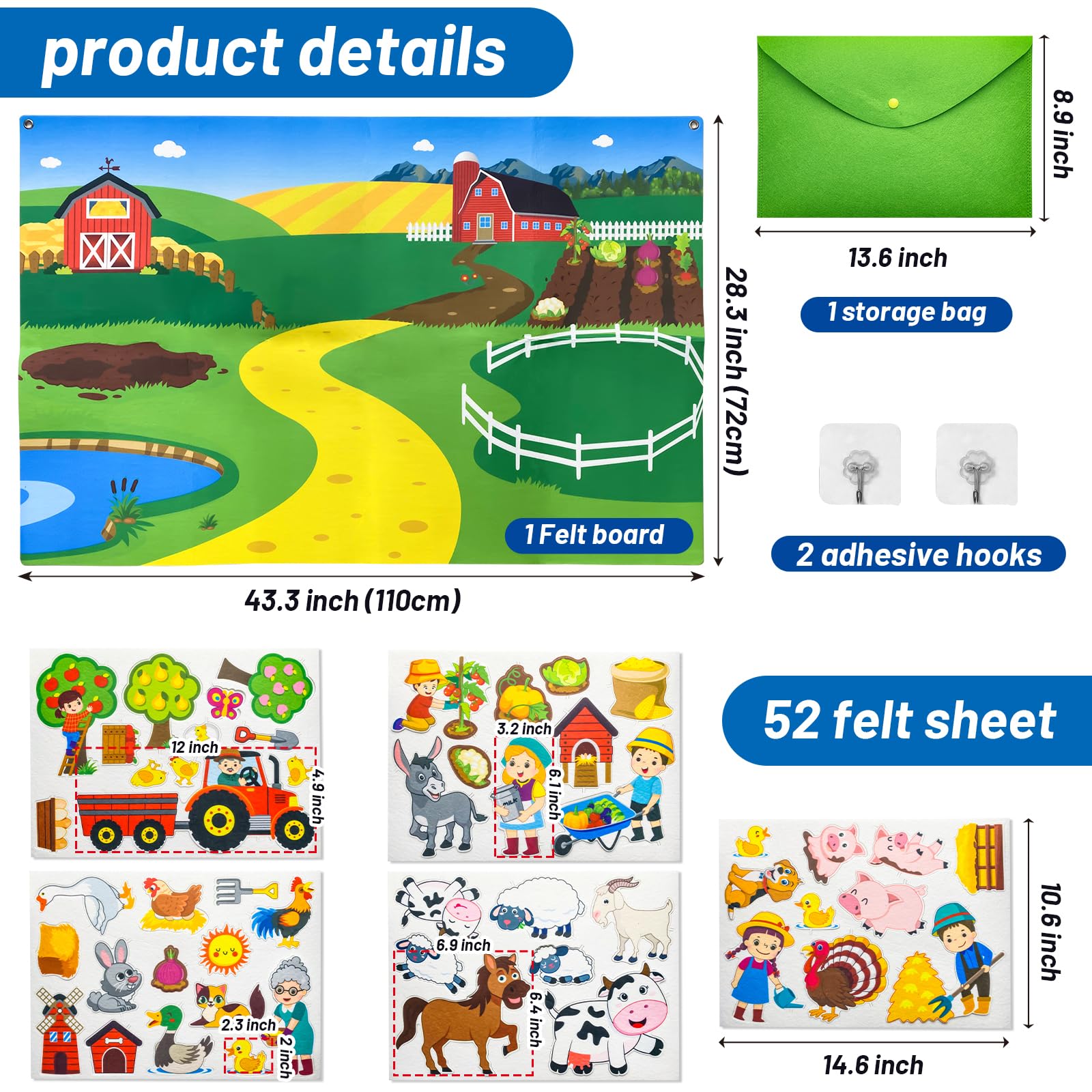 Farm Animals Felt Story Board Set,44 * 28in Flannel Board for Wall,with 52 Felt Pieces,Farmhouse Theme Story Preschool Storytelling,Learning Interactive,for 3 Years +,Gift for Toddlers