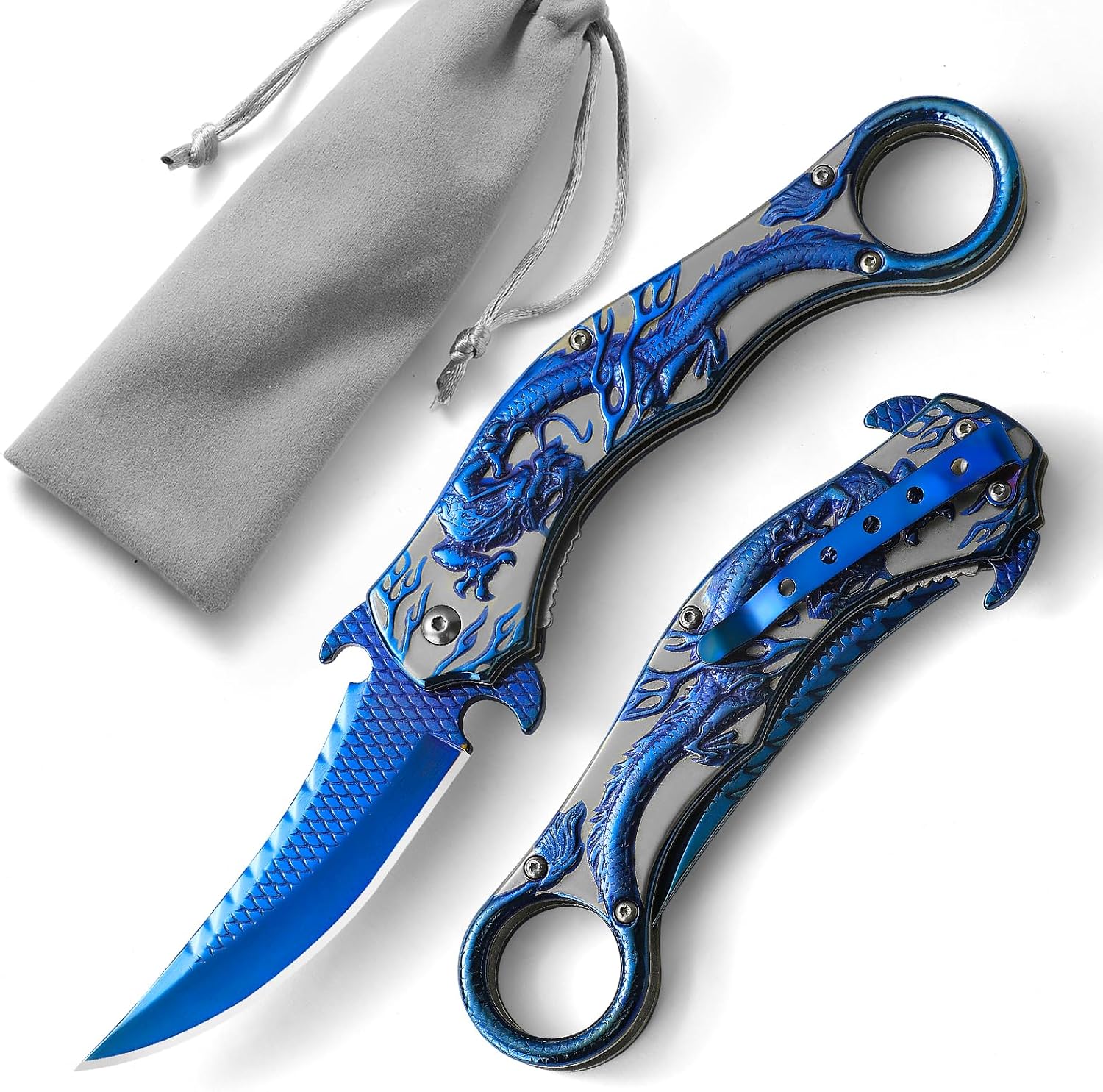 Pocket Knife, 3.5" Cool Folding Knife with 3D Dragon Retro Embossed Pattern, EDC Knife with Pocket Clip and Liner Lock, Knife Gifts For Men Women, Sharp Camping Survival Hiking Knives (Blue)