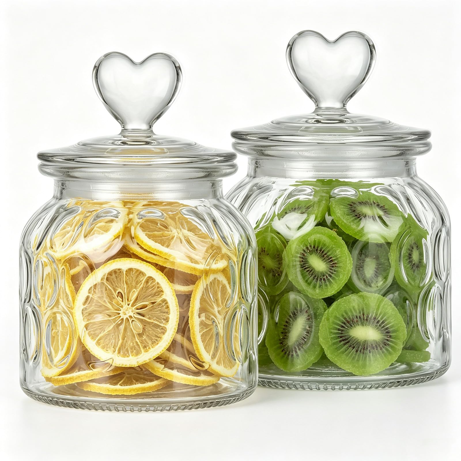 Hejo Heart Lid Airtight Glass Jars with Lids, Set of 2, Clear Cookie Jar - Kitchen Glass Storage Jars for Candy, Sweets, Dry Fruits and Pantry Snacks (650ml, Water Drop Texture)