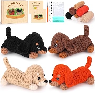 Fortuning's JDS 4pcs Learning Crochet Kit for Beginners Baby Dachshund Dog Crochet Animal Kit Complete Animal Crochet with Step-by-Step Video Knitting Learning Kit Learn to Crochet Starter Kits