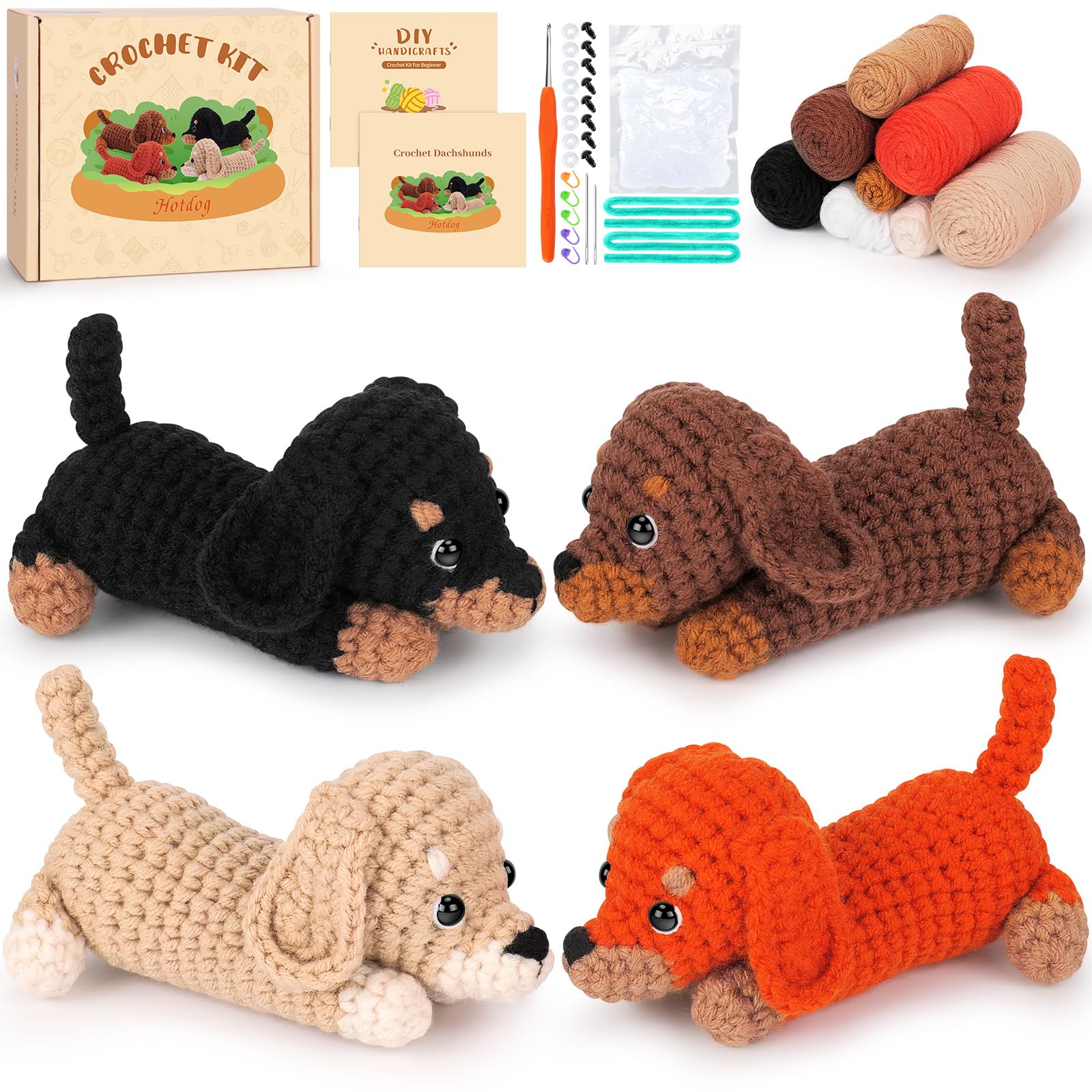 Fortuning's JDS 4pcs Learning Crochet Kit for Beginners Baby Dachshund Dog Crochet Animal Kit Complete Animal Crochet with Step-by-Step Video Knitting Learning Kit Learn to Crochet Starter Kits