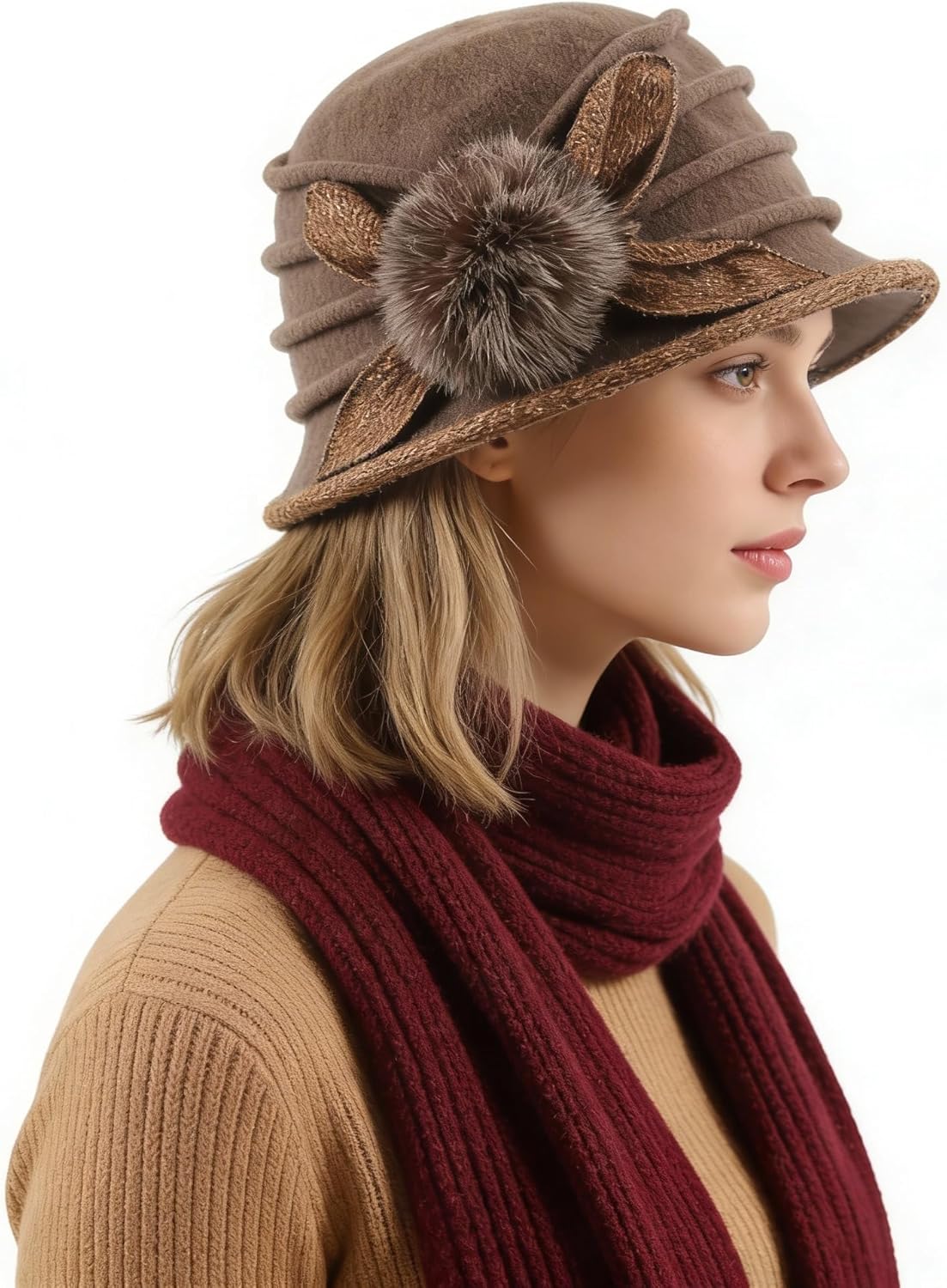 Women Vintage Felt Bucket Hat Winter Wool Dress Beret Hat - Image 2