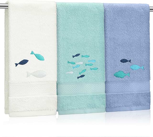 3 Pack Shoal of Fish Coastal Hand Towels for Bathroom 100% Cotton Embroi...