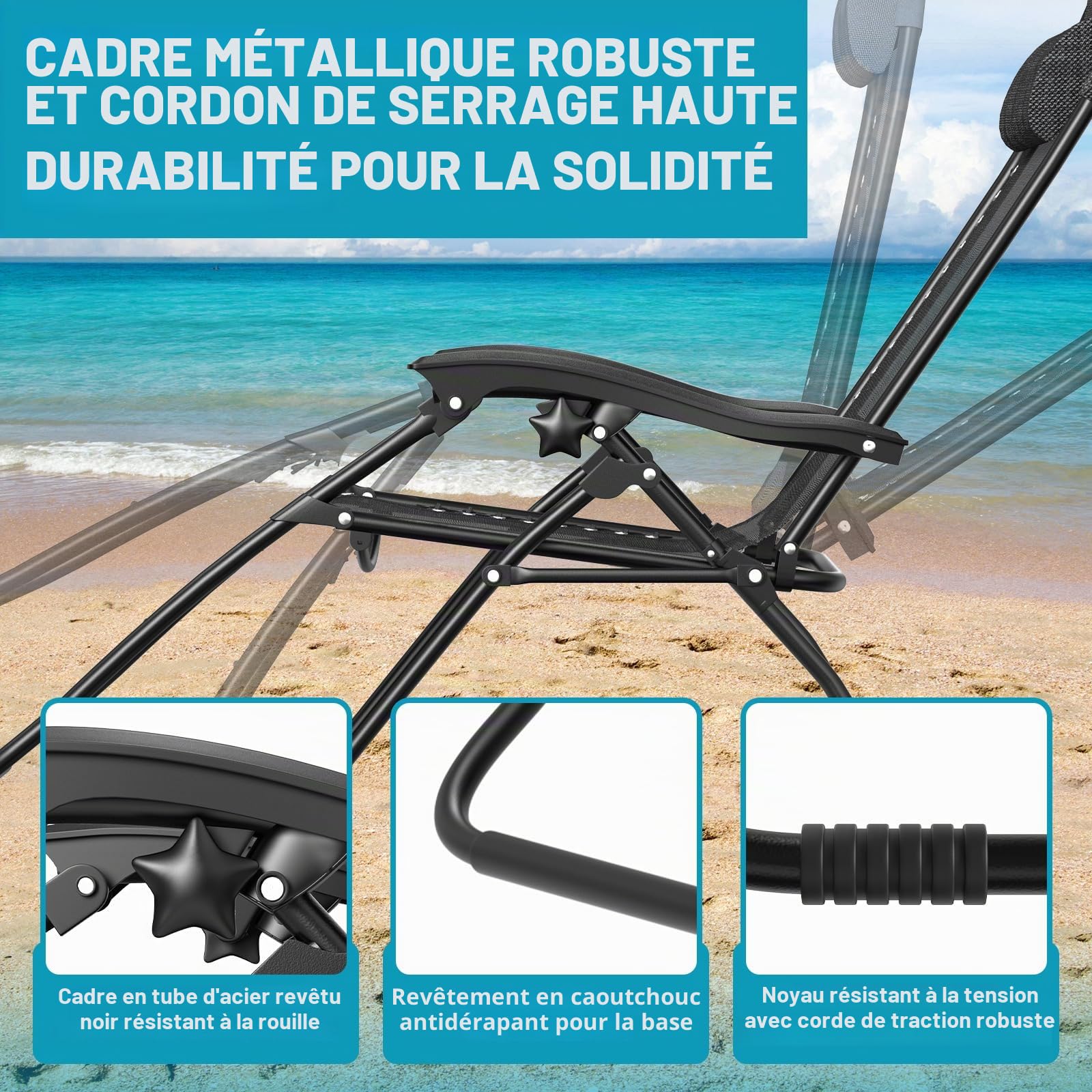 Chaise Longue Pliante，Bain de Soleil，Fauteuil Relax Jardin avec Repose-Tête et Porte-Gobelet,Inclinables，Transat de Plage，Chaise de Camping，Transat de Relaxation pour Patio Jardin Plage，Noir