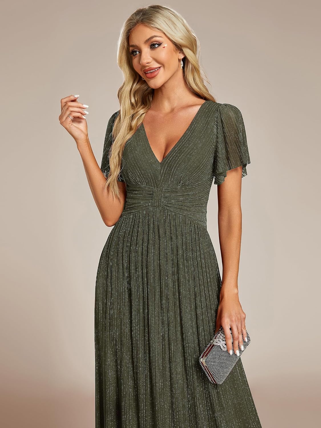 Ever-Pretty Women's V Neck Glitter Pleated Short Sleeves Floor Length A Line Formal Evening Dresses