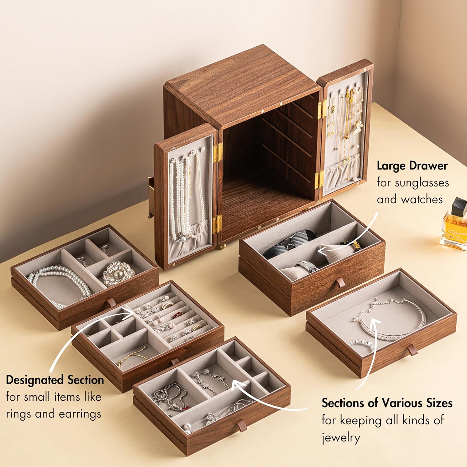 ZMARKRAFT® Black Walnut Wooden Jewelry Box, Decorative Multi-Layer Solid Wood Jewelry Case, Organizer for Rings, Necklaces, Earrings, Treasure Box Storage, Practical and Thoughtful Gift for Women