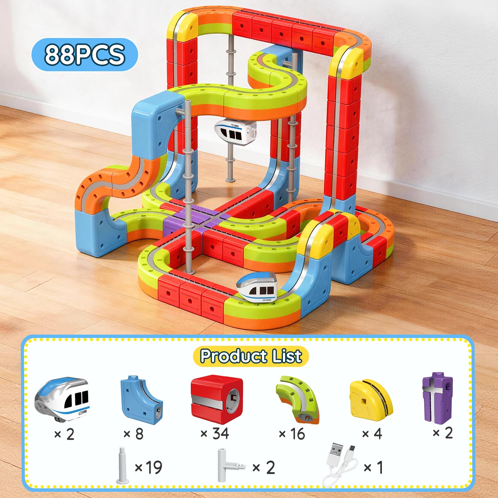 Elektrisches Eisenbahn Set, DIY Electric Train Set mit Schwerkraft Defying 3D-Layouts & Magisches Schienen WüRfel, Zugstrecken-Set Spielzeug Geschenk für Kinder ab 3–12 Jahren (88PCS)