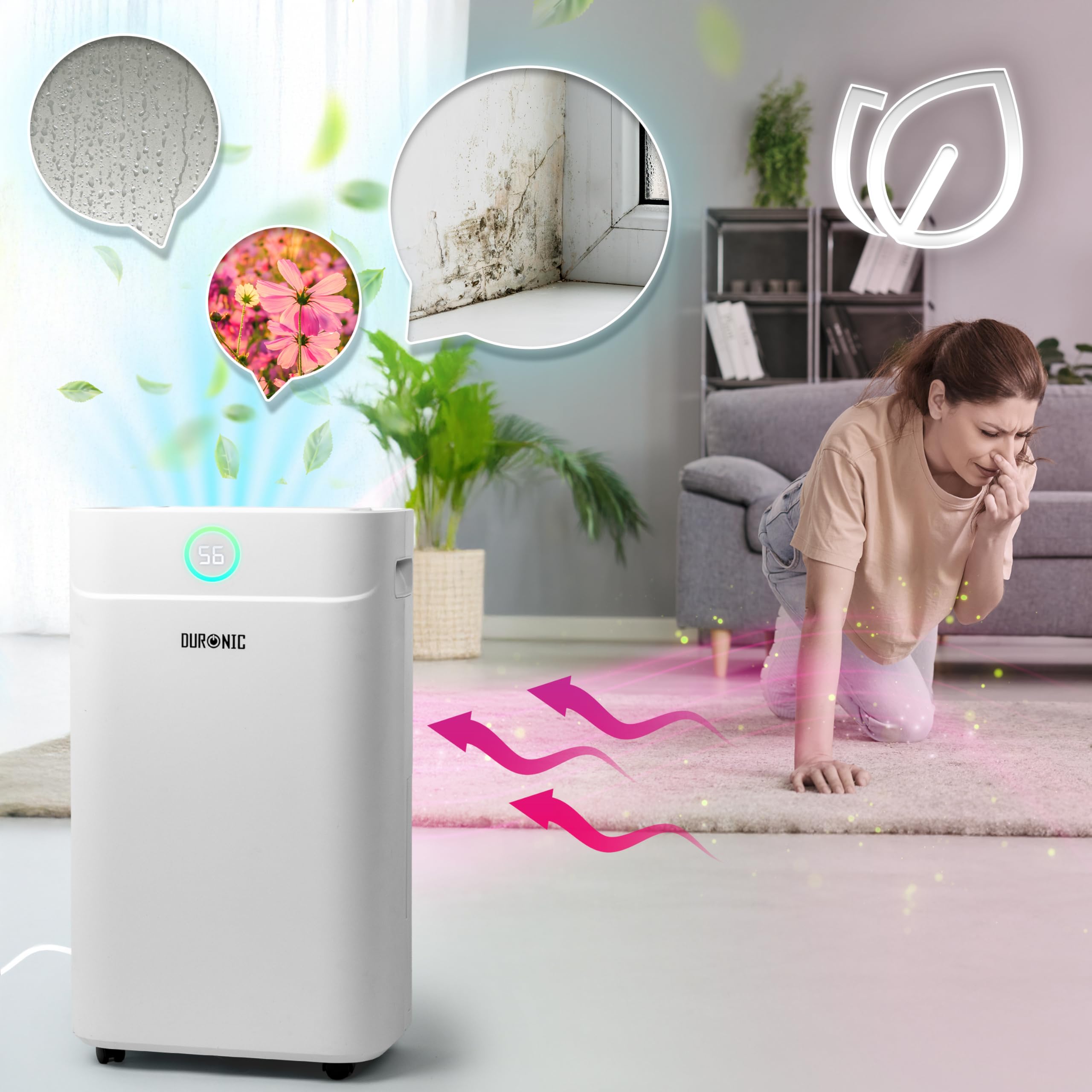 Duronic DH201 Deshumidificador 440 W hasta 20 L al Día, Depósito de 5,1 L | Drenaje Continuo, Temporizador 1-24 h, Control de Humedad 30-80%, Secado de Ropa, Silencioso 48 dB, con Ruedas, Hogar