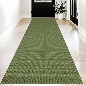 KOZYFLY Long Runners for Hallways 3x12 ft Washable Kitchen Runner Non Slip Rubber Backed Hallway Rugs Cotton Entryway Runner Rug Floor Carpet for Indoor Hall, Kitchen, Olive Green/Earthy Green