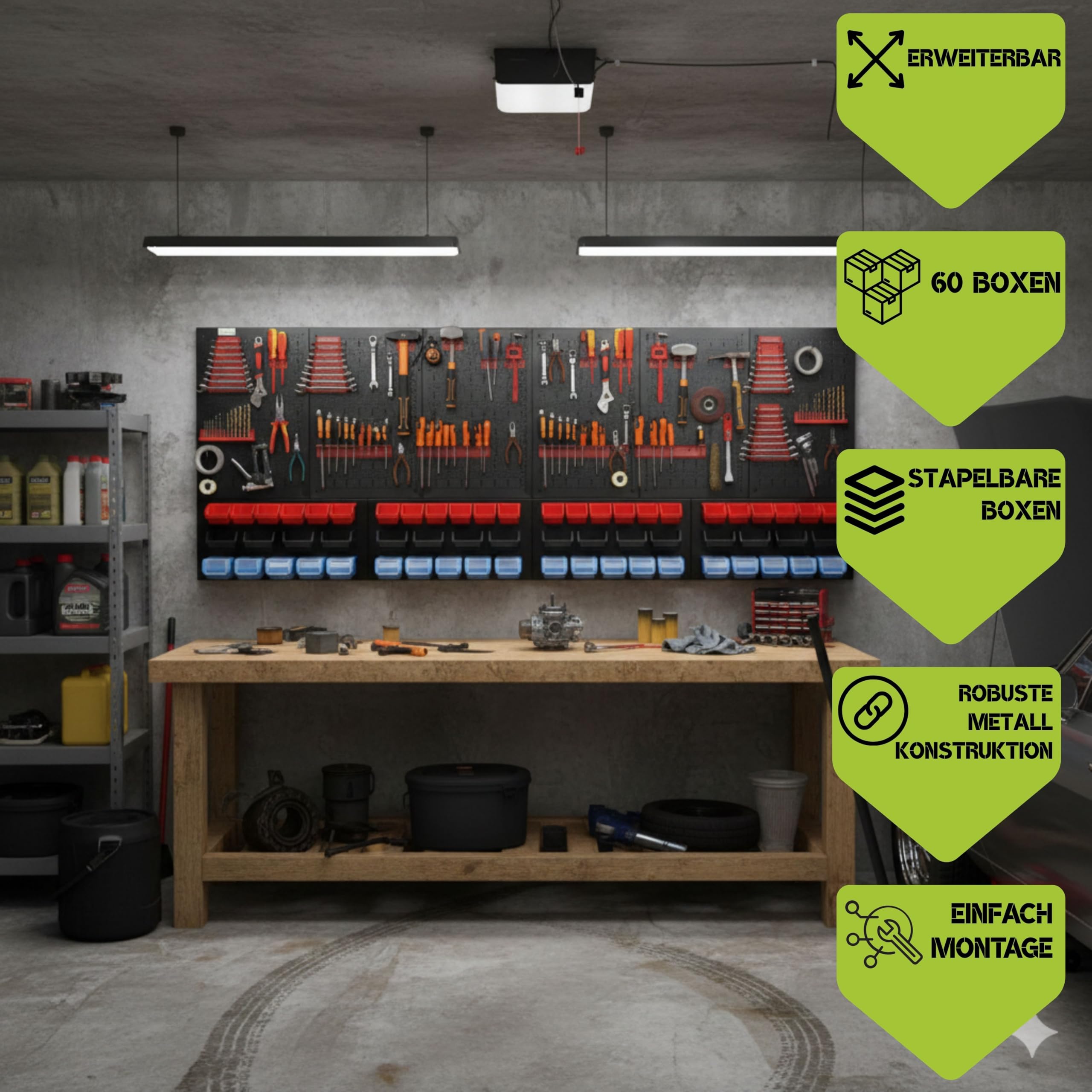 botle Juego de 114 piezas de pared perforada para herramientas de metal, cajas apilables + estante de pared + soporte para herramientas, 114 piezas, almacén de piezas pequeñas, taller de pared con 60