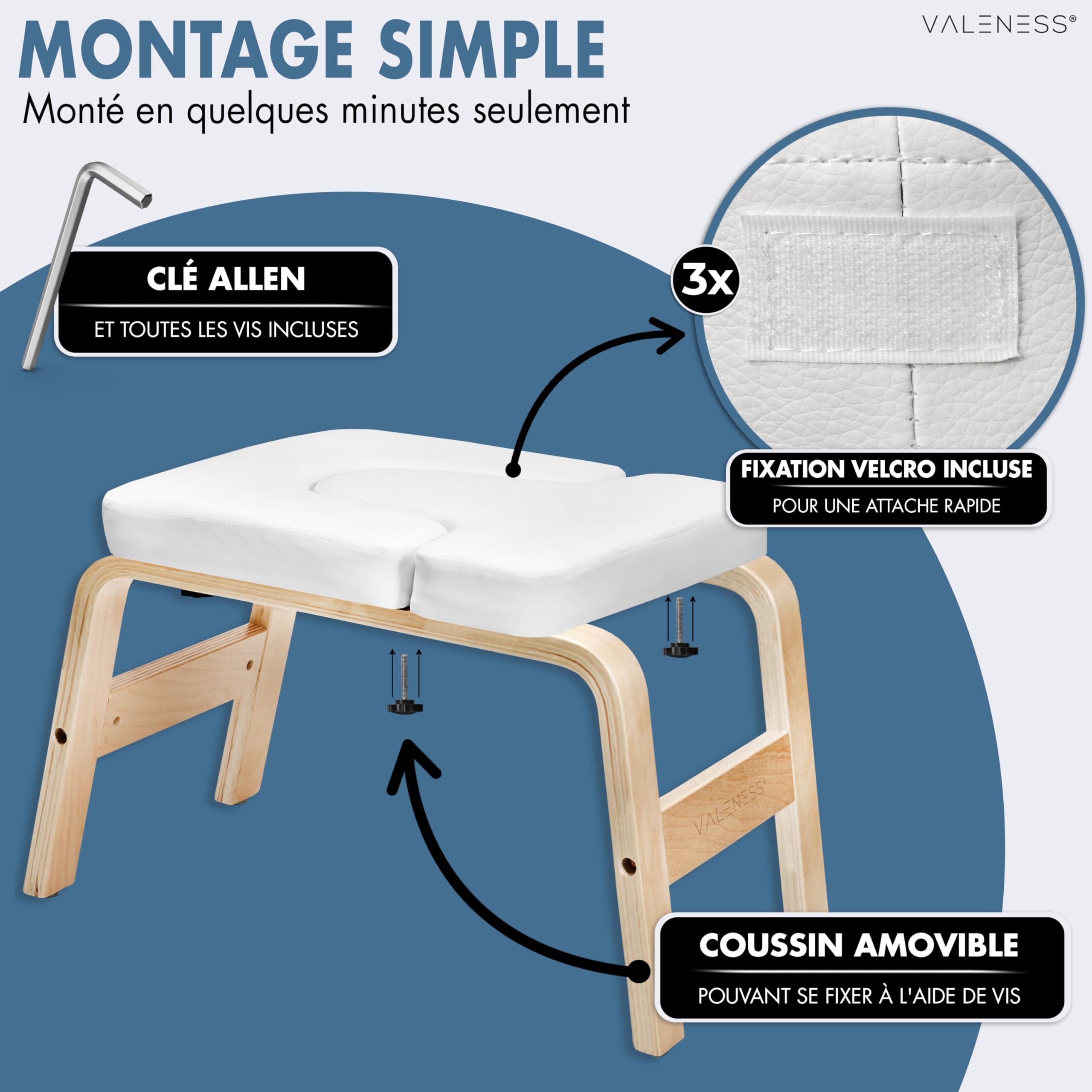 VALENESS® Tabouret de yoga,Tabouret de yoga de qualité supérieure avec sangle de yoga,Chaise de yoga pour exercice de main en bois naturel massif,Équipement de yoga pour la maison