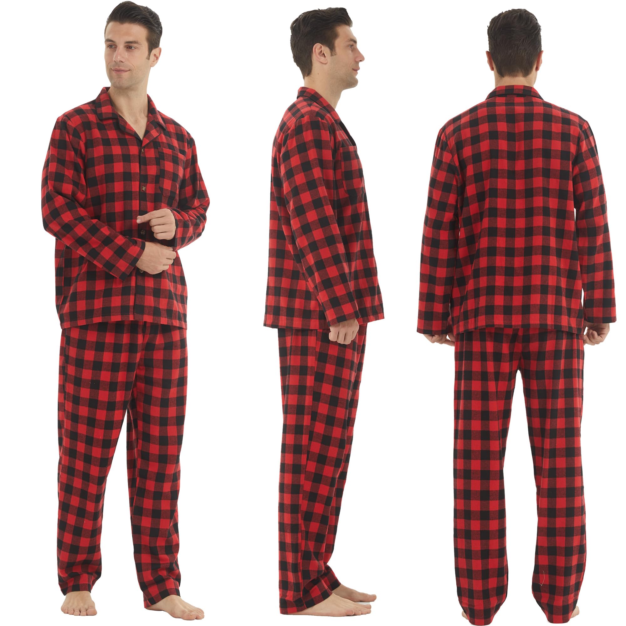 Pigiama da uomo in flanella di cotone, a quadri, con tasca, a maniche lunghe, top e pantaloni, 2 pezzi, biancheria da notte morbida invernale calda