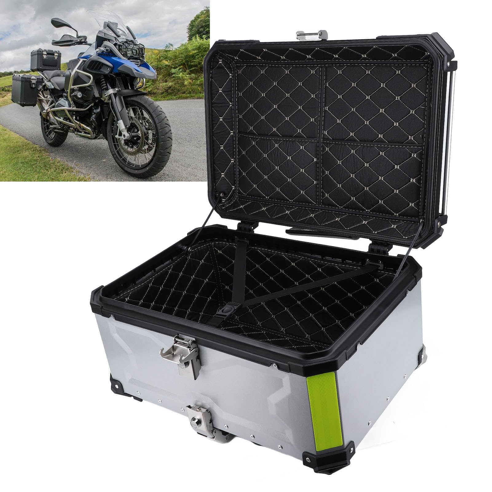 Alomejor Kufer Górny Motocykla 65L Kufer Górny Motocykla ze Stopu Aluminium z blokadą zabezpieczającą Wodoodporna, Szybko Odpinana Odblaskowa Naklejka dla Osób Dojeżdżających do Pracy w Trasie