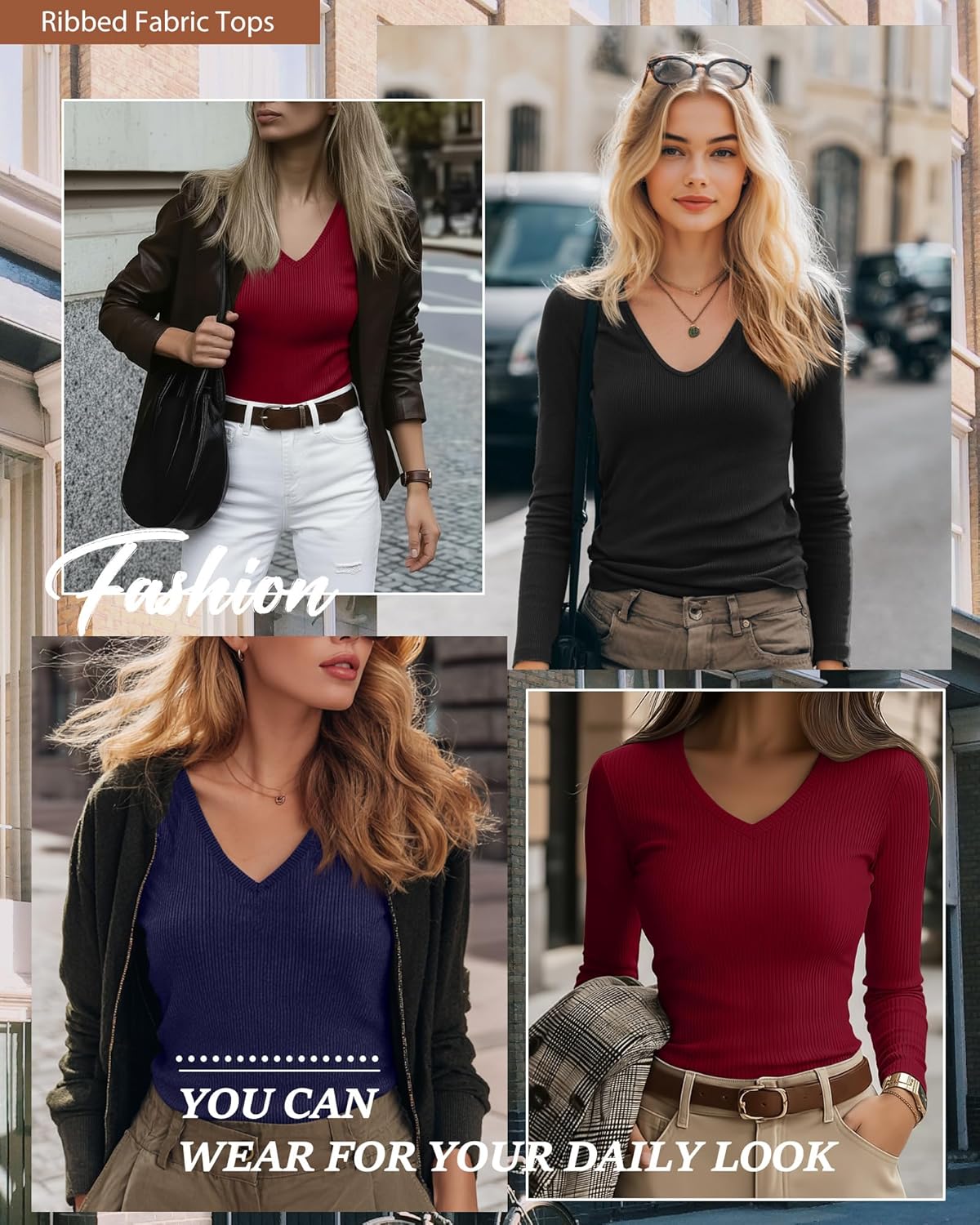 Ficerd 3 Pack Women's Long Sleeve T Shirts Cotton V Neck Slim Fit Tops Ribbed Knit Layering Casual Basic Tees Fall - Image 5