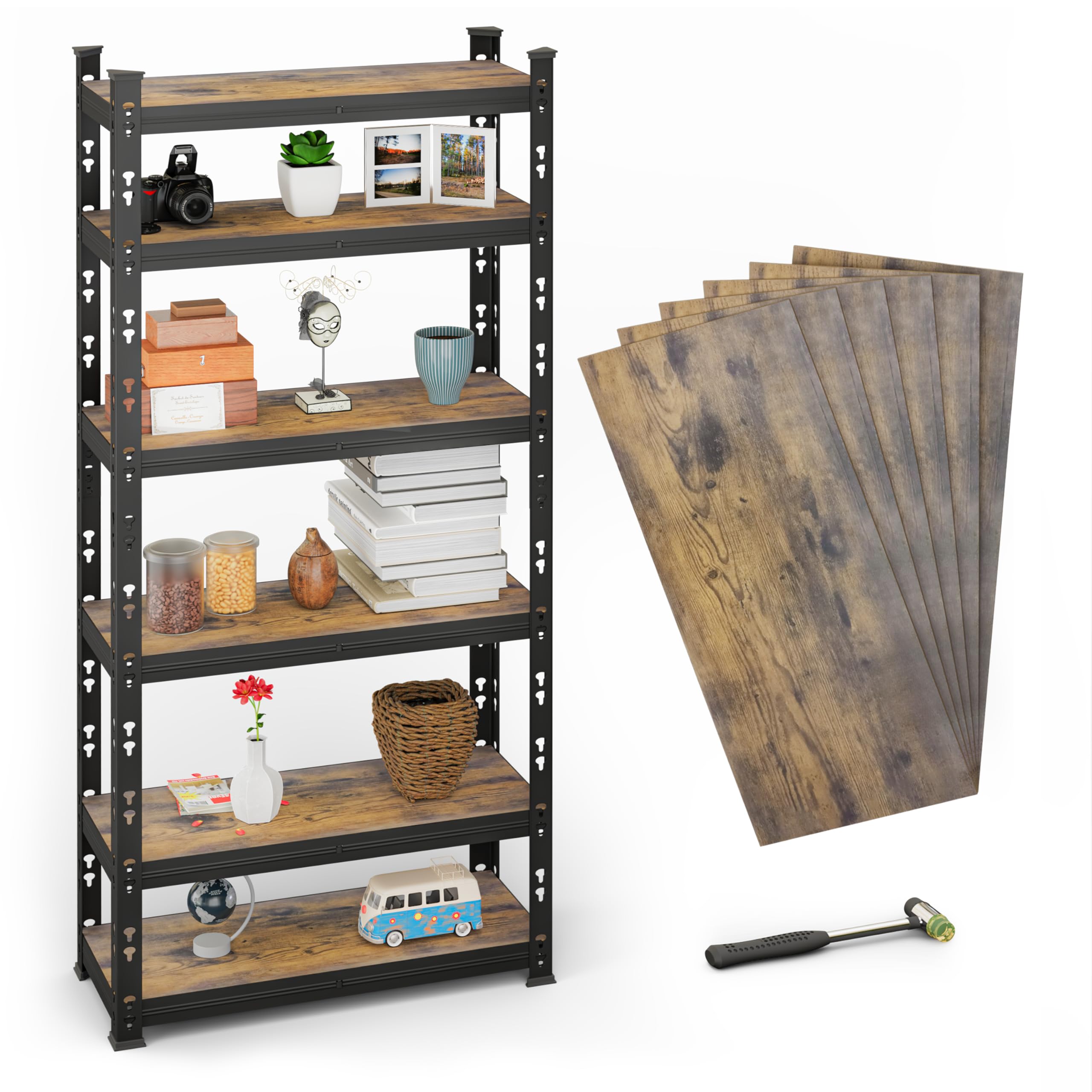 BUILDSKILL 6-Tier Multipurpose Storage Rack | Bolt-Free Assembly | Black Powder-Coated Galvanized Metal | Thick MDF Board | 175Kg Capacity Per Shelf | 170x70x30cm Adjustable Shelf Rack for Home & Shop