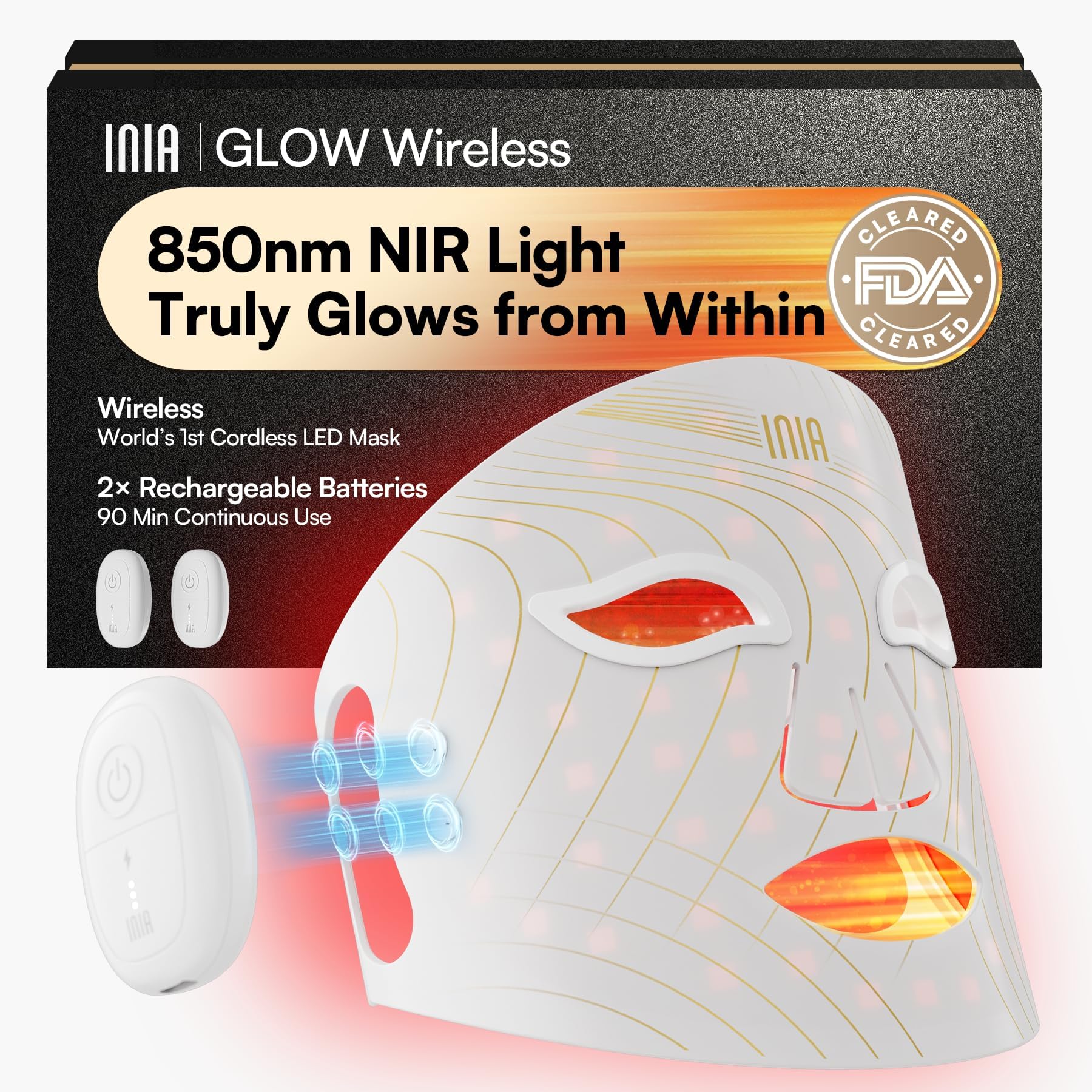 Glow Wireless LED Face Mask, FDA Approved Red Light Therapy Mask with Near-Infrared Red Light (NIR), Rechargeable and Ergonomic Design for Home & Travel, White