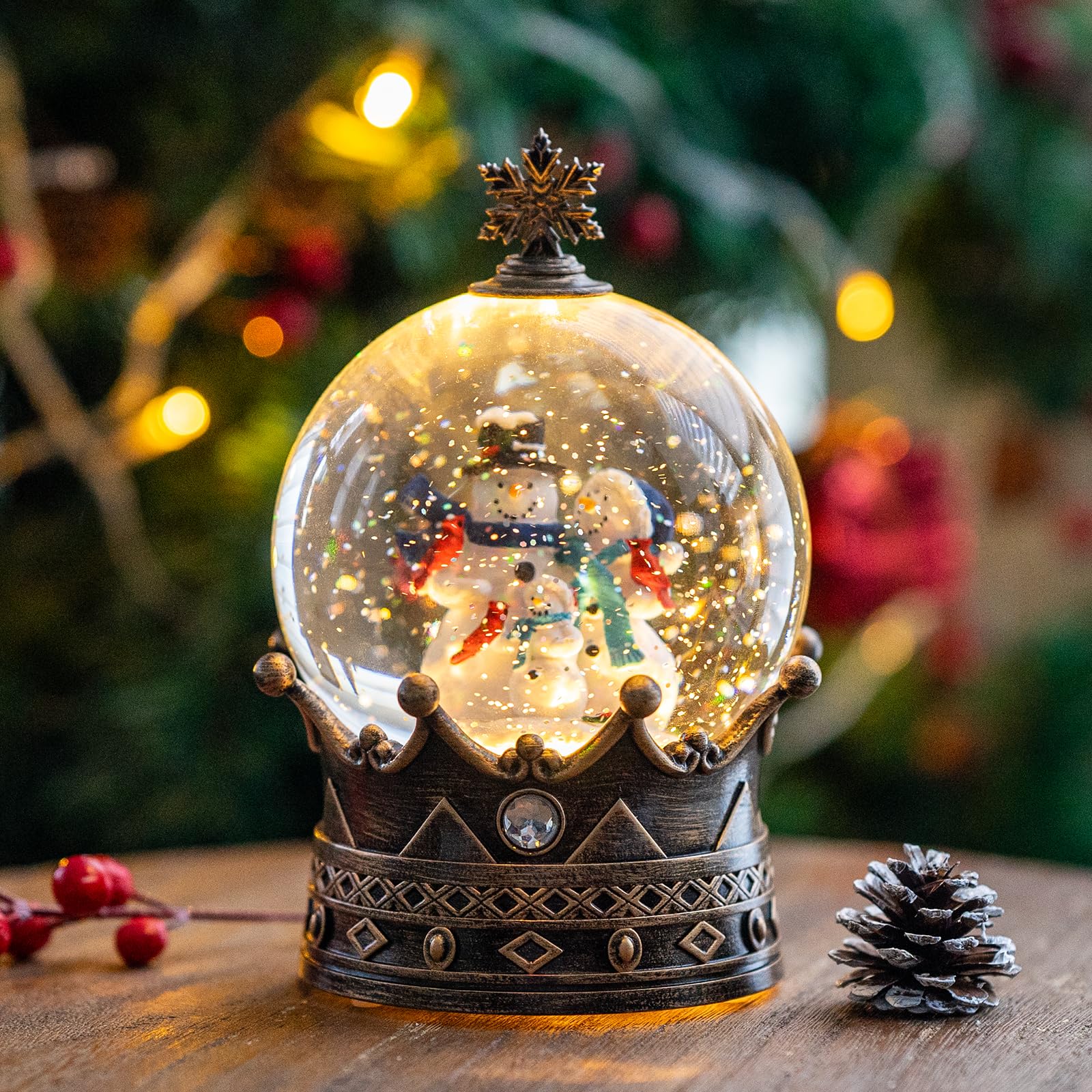 Christmas Snow Globes, Snowman Family Water Lantern, 8 Christmas Music, USB Powered & Battery, Holiday Decorations Gifts for Family Children or Friends