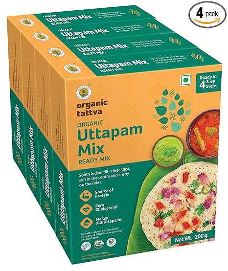 Organic Tattva, Organic Instant Ready Mix Uttapam, 800 Gram | with Benefits of Sunflower Oil and Fenugreek | Source of Protein and No Zero Cholesterol | 200 Gram Each
