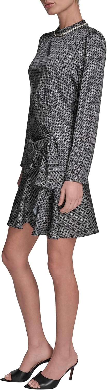 BCBG Women's Long Sleeve Jewel Neck Ruffle Trim Wrap Mini Dress - Image 3