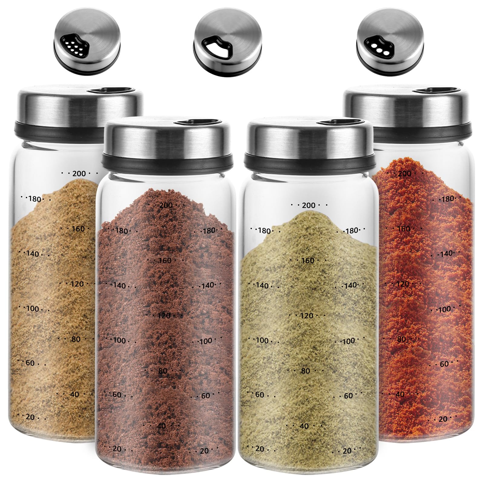 APACALI 4 Pièces Pot Epices Verre 200ml, Bocaux à Épices Borosilicaté, Pot pour Epices Cuisine Vide Avec Couvercle Rotatifs, Pot de Rangement pour lespour cuisine, barbecue en plein air