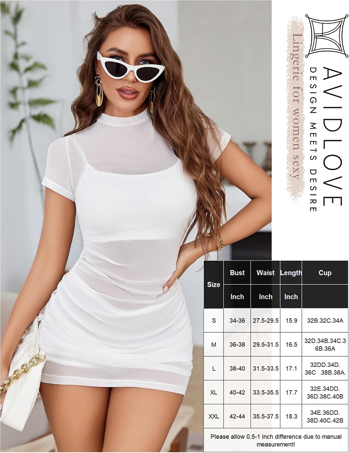 Avidlove Women's Mesh Dress Bodycon Mini Lingerie Dress Sexy Short Sleeve Mock Neck Ruched Party Clubwear Outfits S-XXL