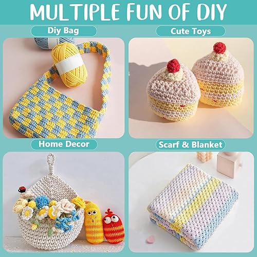 Miniatura 7 de Paquete de 6 hilos de ganchillo para principiantes con relleno, hilo marrón negro, gris y blanco roto, para tejer a ganchillo, puntadas fáciles de