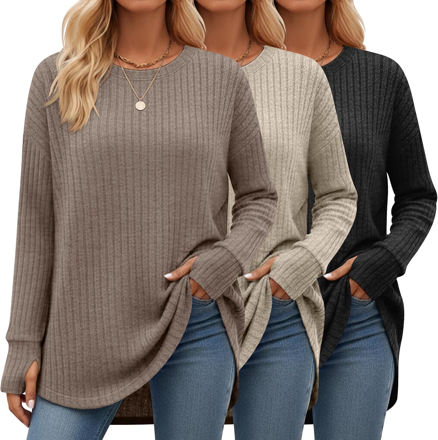 Velvelhall 3 Pack Women's Long Sleeve Tops with Thumb Hole Ribbed Crew Neck Loose Fit Shirts Fall Winter Clothes Outfits