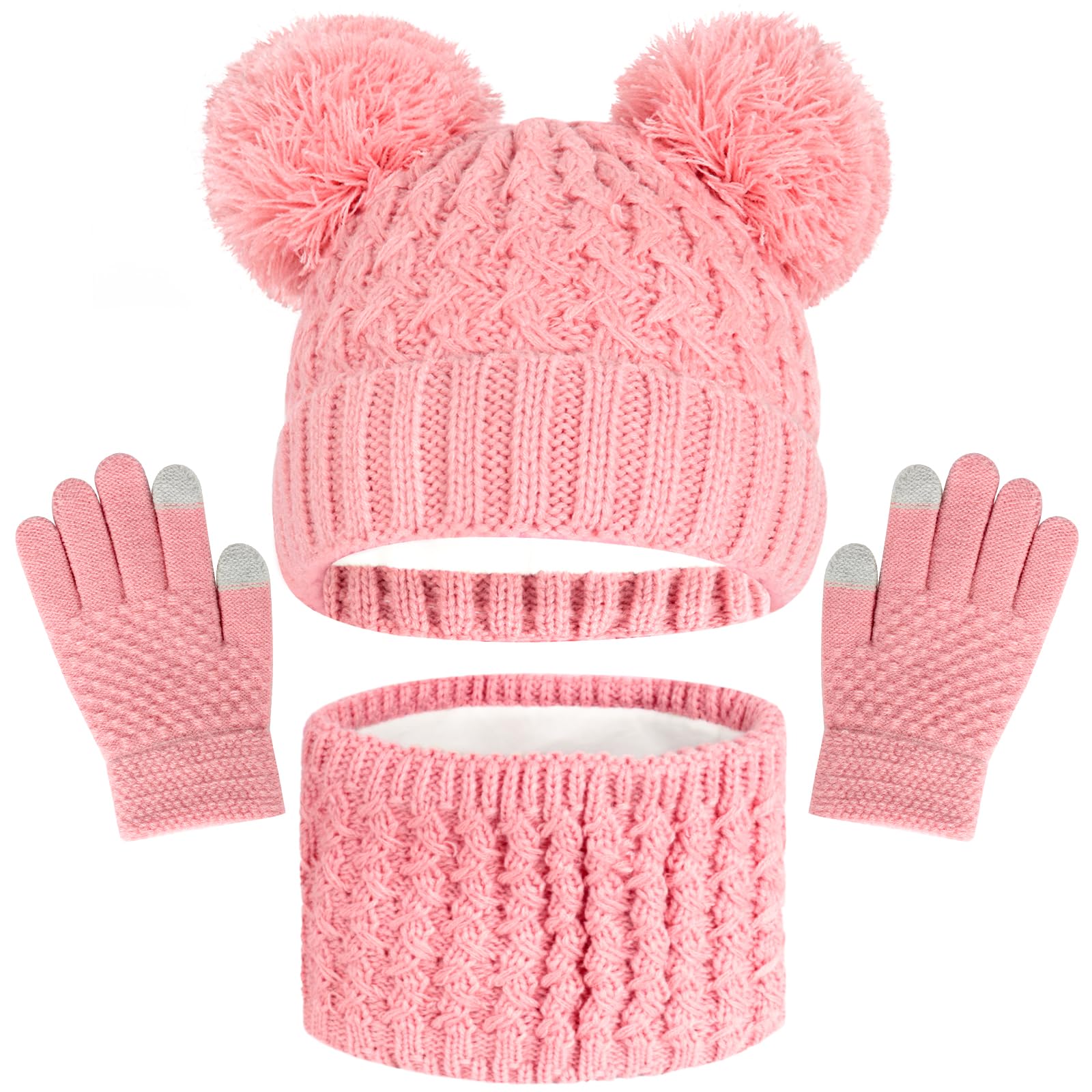 Kids Winter Beanie Hat Scarf Touchscreen Gloves Set, Fleece Lining Boys Girls Winter Hat Neck Warmer Gloves for 1-6 Years