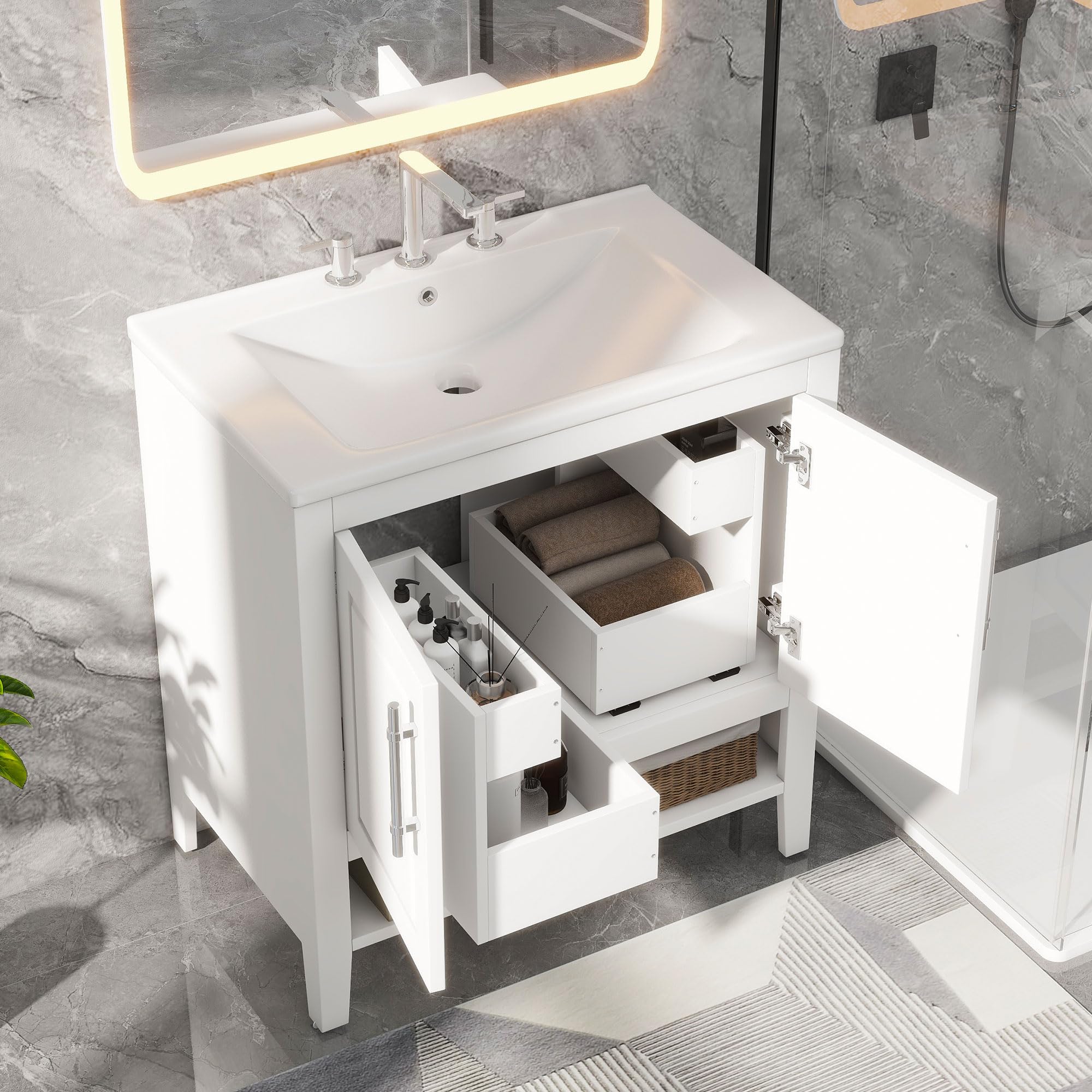 30 Inch Bathroom Vanity with Ceramic Sink Set Combo, Cabinet with Drawer and Doors, Solid Wood Frame with Painted Finish, Modern Style