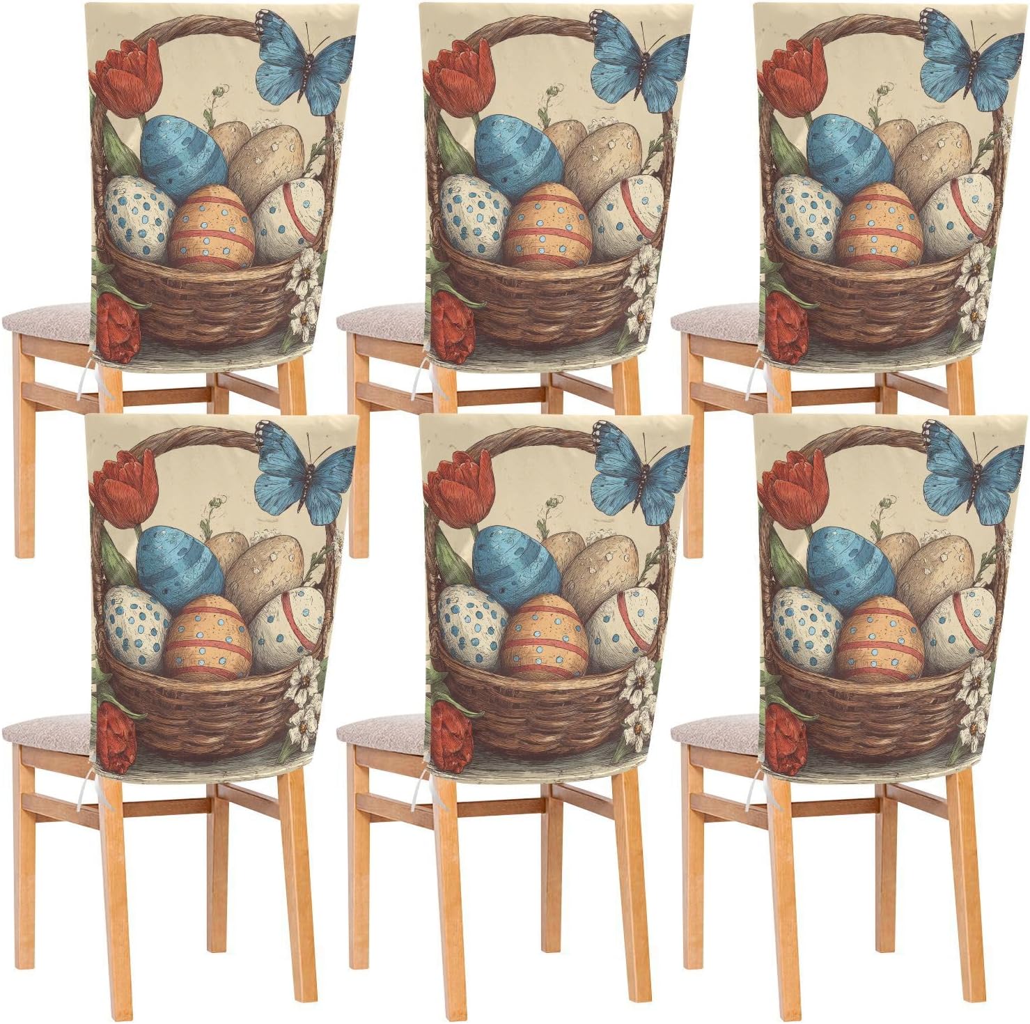 ALAZA Retro Easter Eggs Flowers Butterfly Chair Back Cover Set of 6, Washable Reusable Removable Chair Slipcovers Decorative Chair Cover for Home Kitchen Wedding Party