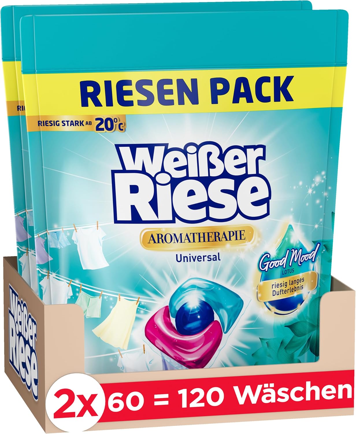 Weißer Riese Universal Trio-Caps Aromatherapy Lotus (120 washes), detergent with Good Mood fragrance for irresistibly fragrant and radiantly clean laundry, 100% recyclable