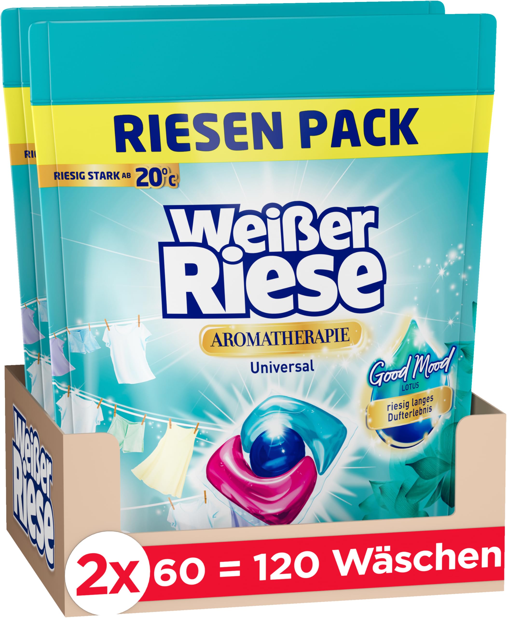 Weißer Riese Universal Trio-Caps Aromatherapie Lotus (120 Waschladungen), Waschmittel mit Good Mood-Duft für unwiderstehlich duftende & strahlend saubere Wäsche, 100% recycelbar