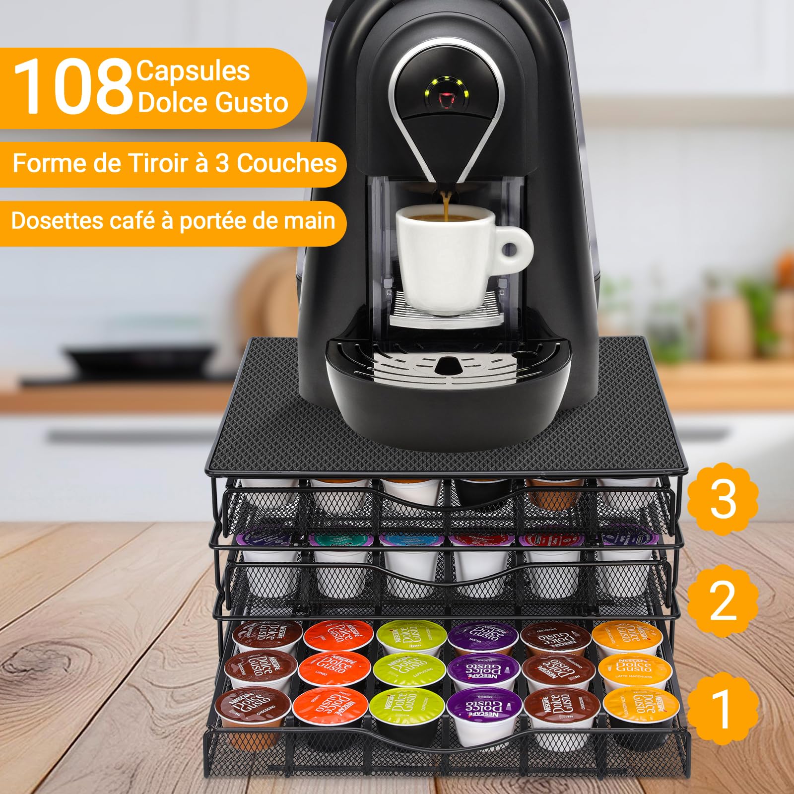 MASTERTOP Tiroir à Capsules pour Dolce Gusto 108 PCs, 3 Tiroirs de Rangement Dosettes avec Support Machine à Café, Distributeur Capsules de Grande Capacité avec Surface Anti-Vibration - Maison, Bureau
