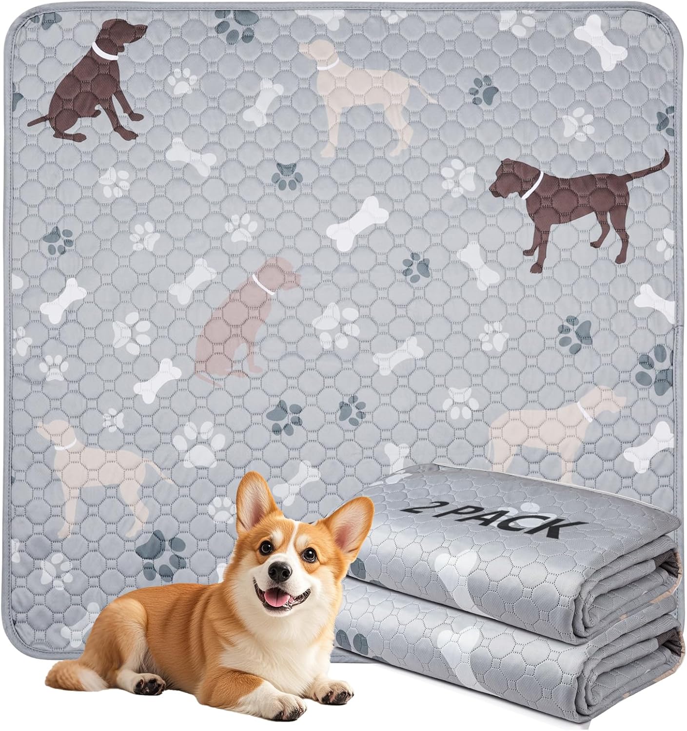 Mozin Washable Pee Pads for Dogs — 2-Pack Super Absorbent Dog Training Pads — Leakproof Non-Slip Reusable Puppy Pads — Waterproof Whelping Pad for Housebreak, Playpen, Crate, Potty Training, Couch (36"x36", 2-Pack, Gray)