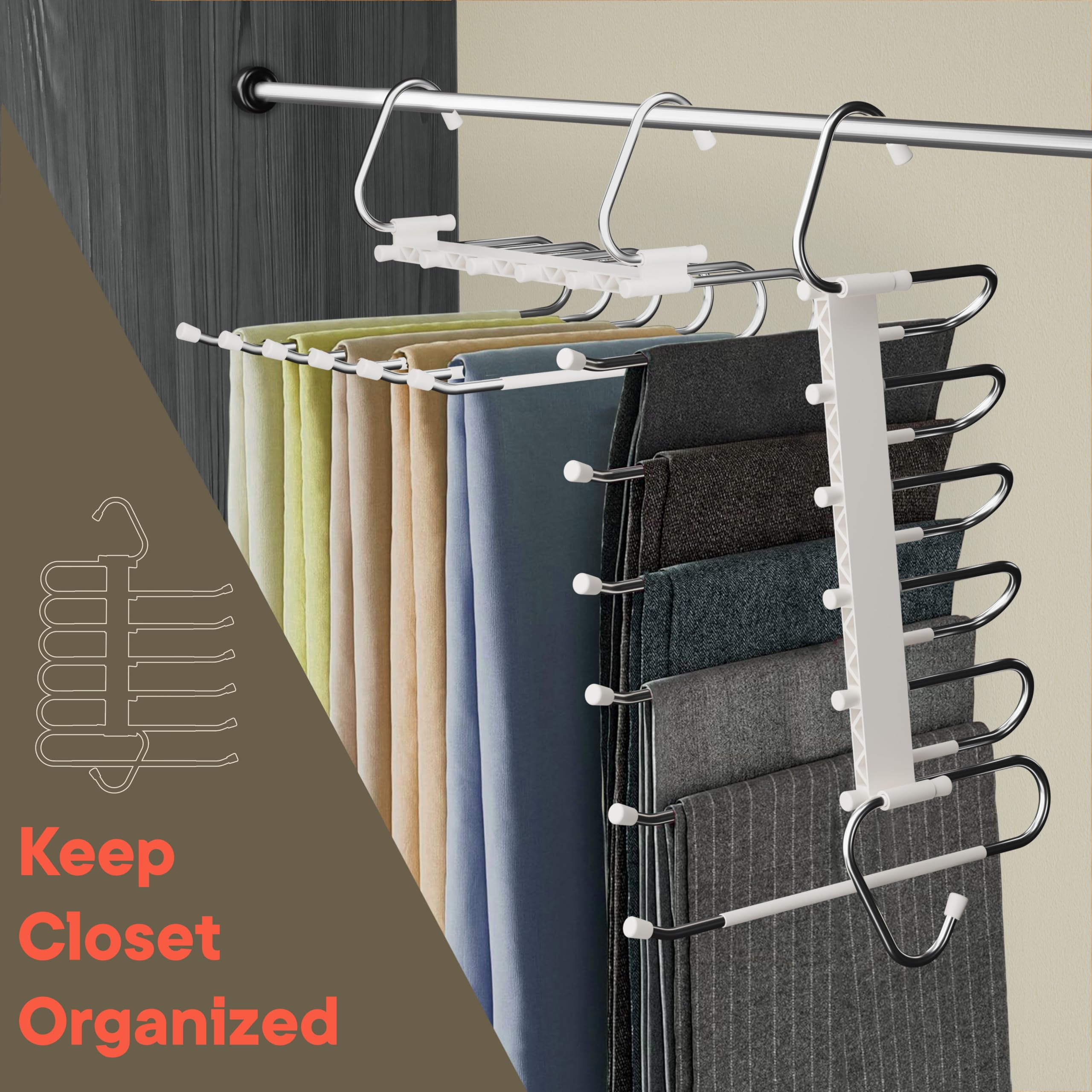 Campior Grucce salvaspazio per pantaloni, confezione da 4 grucce per jeans a 6 strati e organizer per jeans, sciarpe e gonne, appendiabiti multistrato con tappo antiscivolo, in acciaio inox resistente
