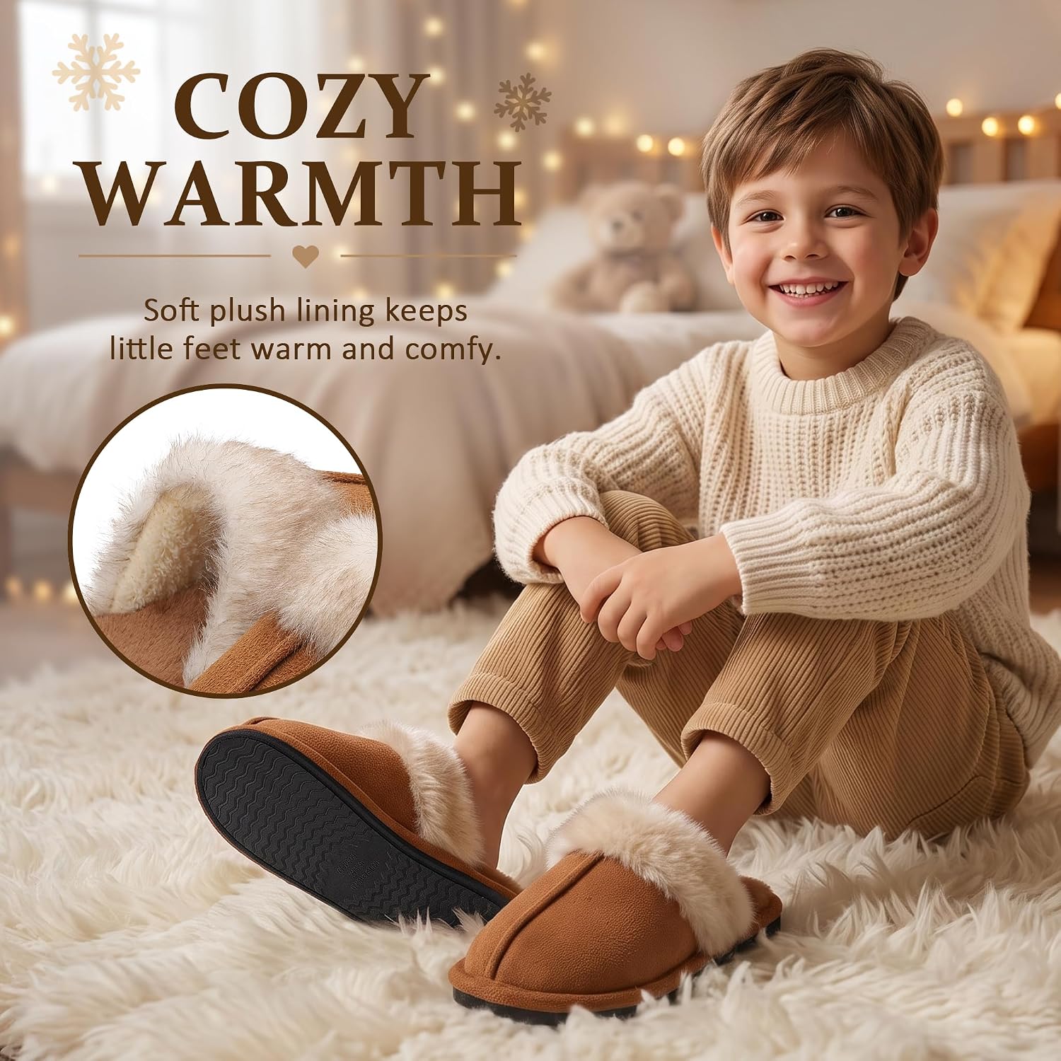 EQW Kids Slippers for Girls Boys - Warm Memory Foam Non-Slip House Shoes, Soft Plush Indoor Outdoor Bedroom Slides